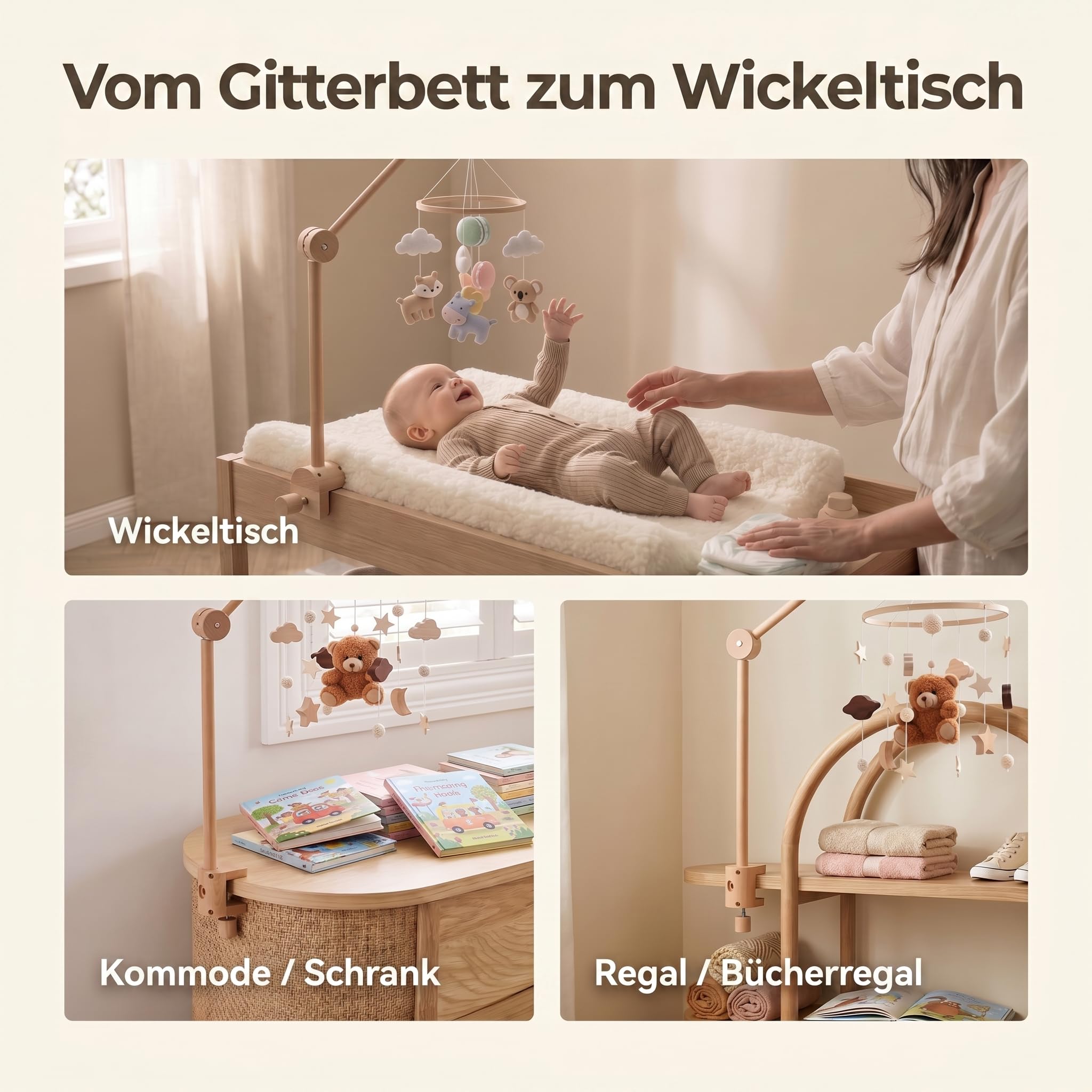 let's make Mobile Verbesserte Version Halterung Holz für Babybet, Höhenverstellbarer & 360° Drehbarer Mobile Arm mit Erweiterter, Mobile Halterung für Babybett Zubehör, Kinderzimmer Deko