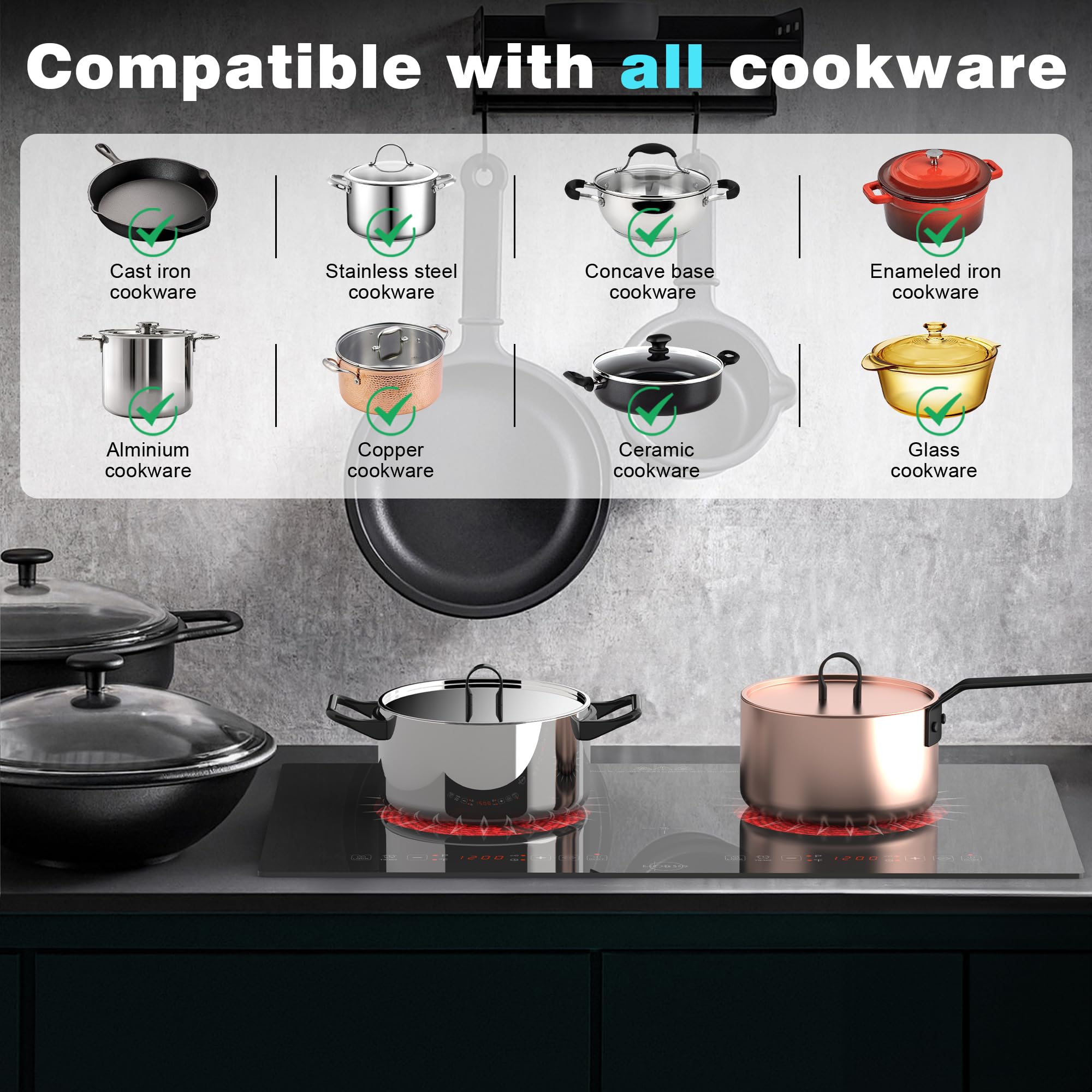 Double Ceramic Hob, 3200W Plug in Electric Hob 60cm Built-in Cooktops with 2 Burners, 9 Power Levels, Timer, Safety Lock & Sensor Touch Control, 220-240V — view 6