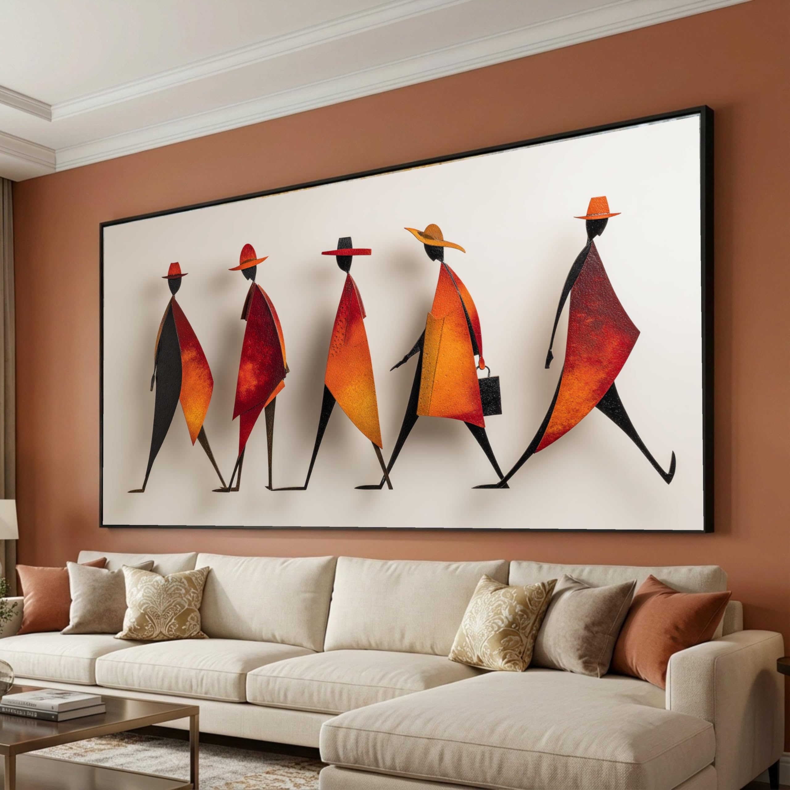 Lmycheng Frameless Abstract Figures Walking Wall Art, Modern Metal Silhouettes, Red And Orange Canvas Art Painting, Contemporary Home Decor(60X105cm/Frameless)