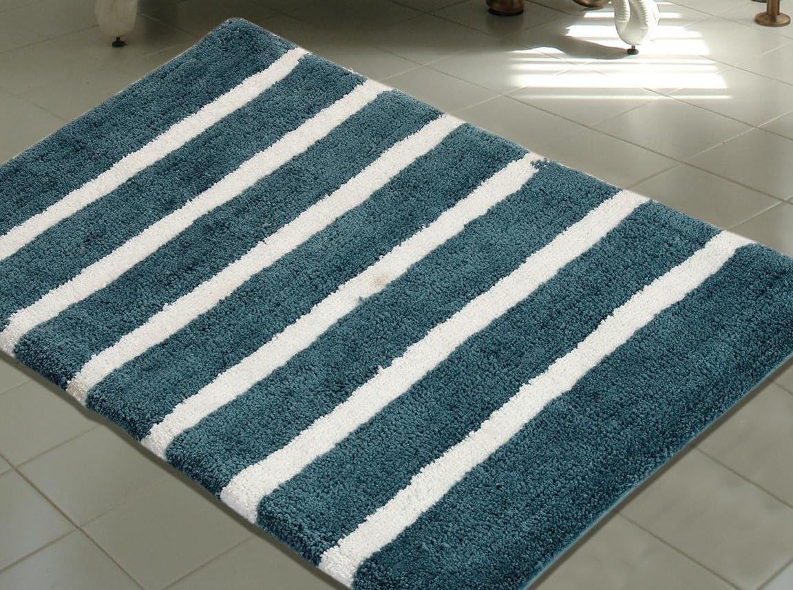 Bold Stripes Collection Designer, Plush Microfiber Bath Rug, 34" L x 21" W, Aqua/Blue/White