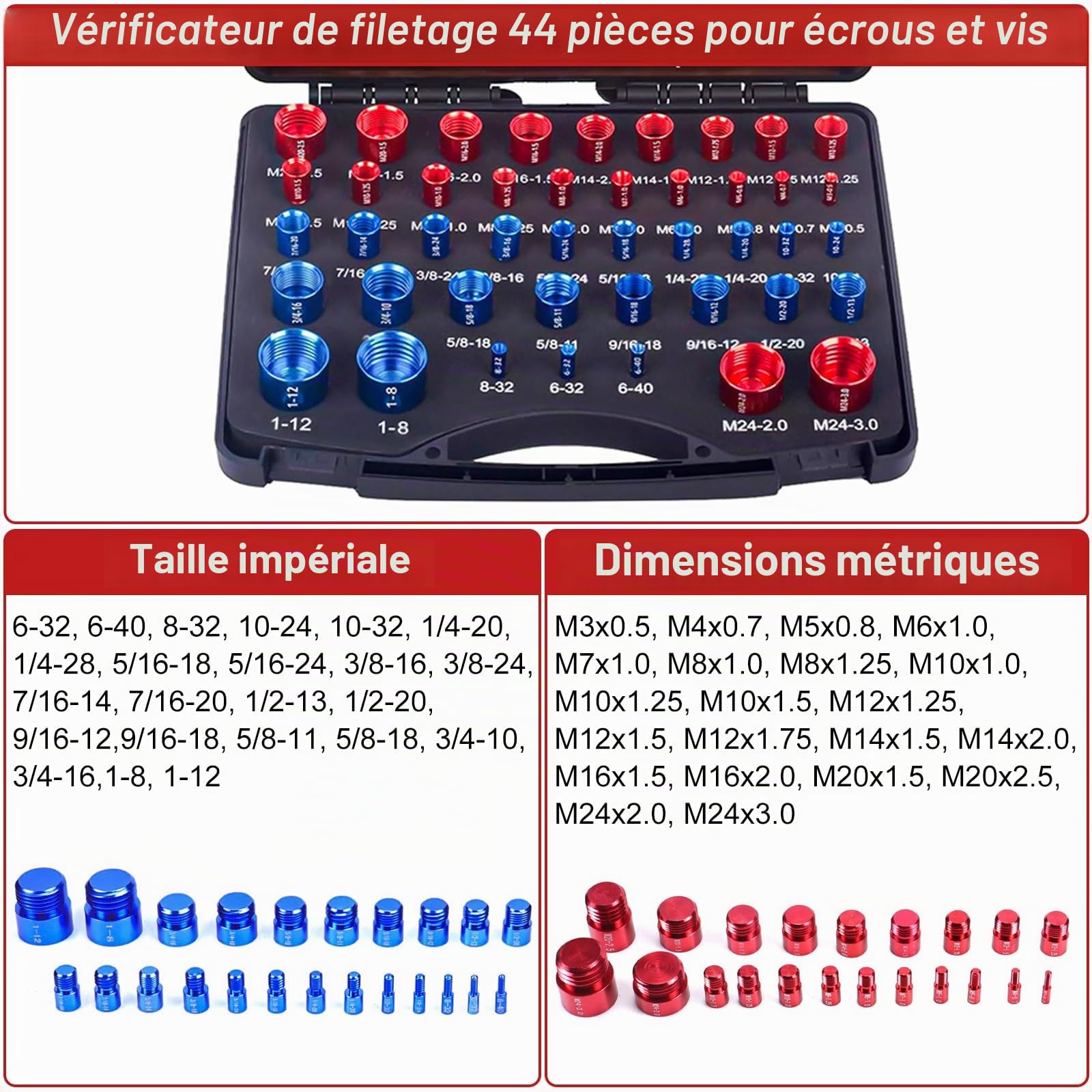 Lot de 44 jauges de filetage pour vis et écrous - En alliage d'aluminium - Avec métriques et impériales - Convient pour la capture et la mesure des dimensions de filetage