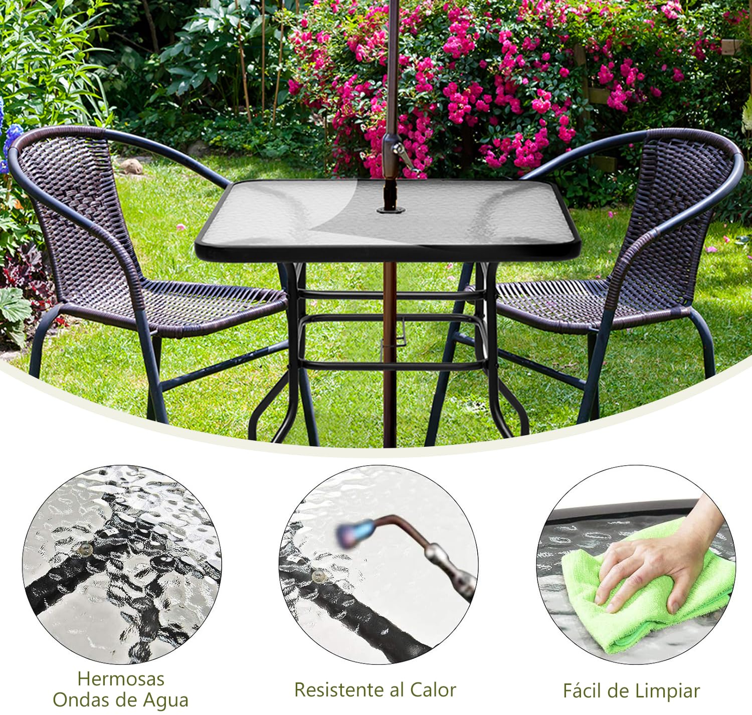 RELAX4LIFE Mesa Auxiliar de Vidrio Templado y Marco de Metal con Agujero para Sombrilla Ø33mm, Mesa Exterior para Jardín, Balcón, Terraza y Bistro, Carga 80 kg, 81x81x71cm (Cuadrado)