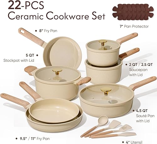 Miniatura 2 de CAROTE Juego de 22 ollas y sartenes antiadherentes, juego de utensilios de cocina de cerámica, juego de cocina no tóxico, sin PFAS y PFOA