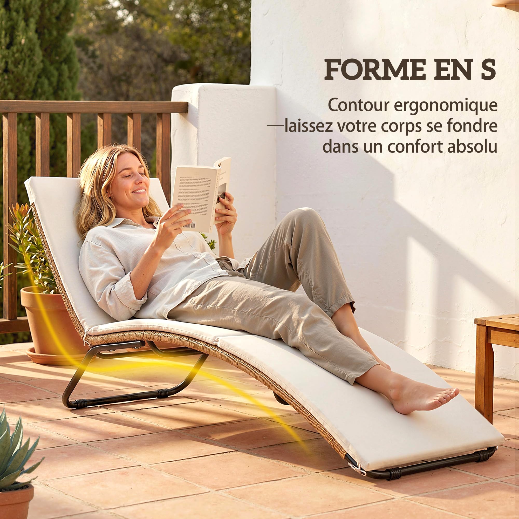 Outsunny Bain de Soleil Résine Tressée Ø4mm Courbe Naturelle Coussin Crème