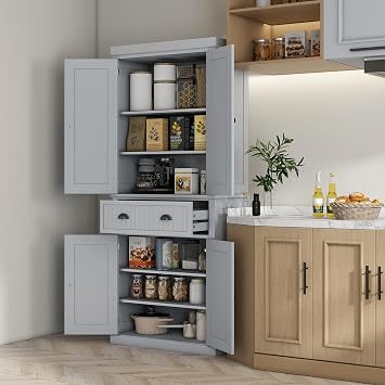 72 Kitchen Pantry Cabinet, Freestanding Tall Storage Cabinet, Traditional Kitchen Cabinet with 4 Doors, Drawer and 3 Adjustable Shelves for Dining Room (Gray)