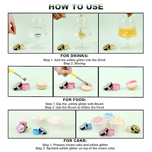 Miniatura 3 de Purpurina comestible para bebidas, 12 colores, polvo brillante, comestible con cucharas y pinceles, purpurina comestible de grado alimenticio para