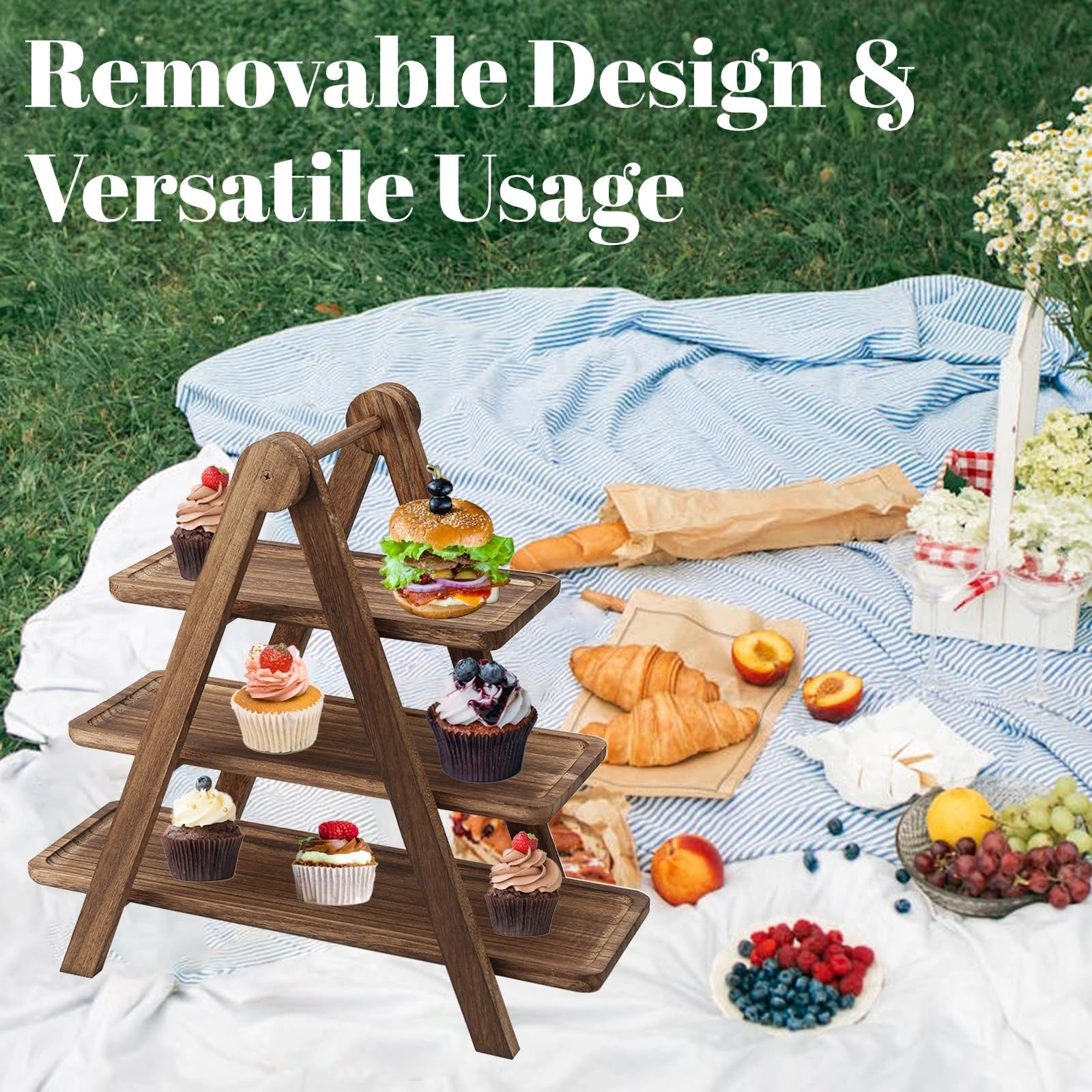Plateau de service rectangulaire à 3 étages en bois rustique pour fêtes, remise de diplôme, mariage, fête d'anniversaire, pique-nique