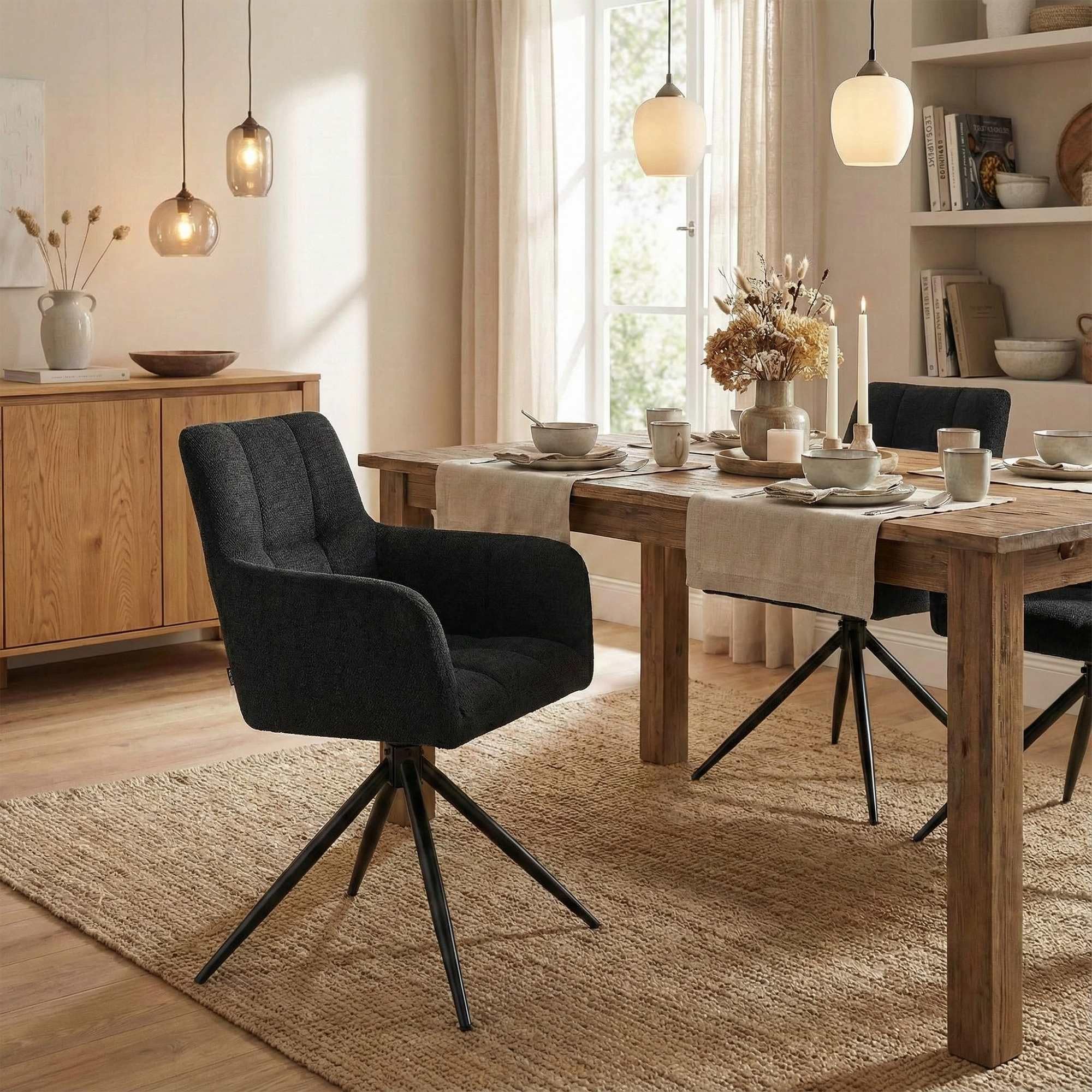 CLP Silla de Comedor Jonah, sillón Giratorio con reposabrazos, Mecanismo de Retorno automático 180°, tapizado en Tela fácil de Limpiar Color:Negro