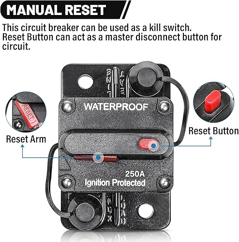 Miniatura 4 de RED WOLF Interruptor de circuito de 250 A, portafusibles de 12 V a 48 V CC, interruptor de reinicio manual, impermeable, para barco, motor de