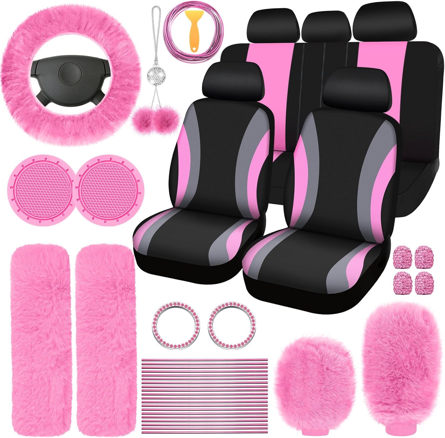 ROCEEI 43 Pcs Pink and Black Car Seat Cover Full Set for Women Christmas Fuzzy Car Accessories Fluffy Steering Wheel Cover Front Rear & Belt Handbrake Shift Accessory for Winter