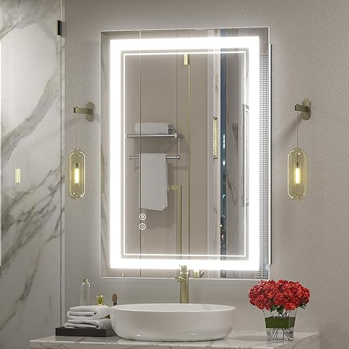 OKPAL Espejo de baño LED de 40 x 30 pulgadas, espejo de baño iluminado, espejo de tocador de baño LED con luces, regulable, antivaho, inastillable,