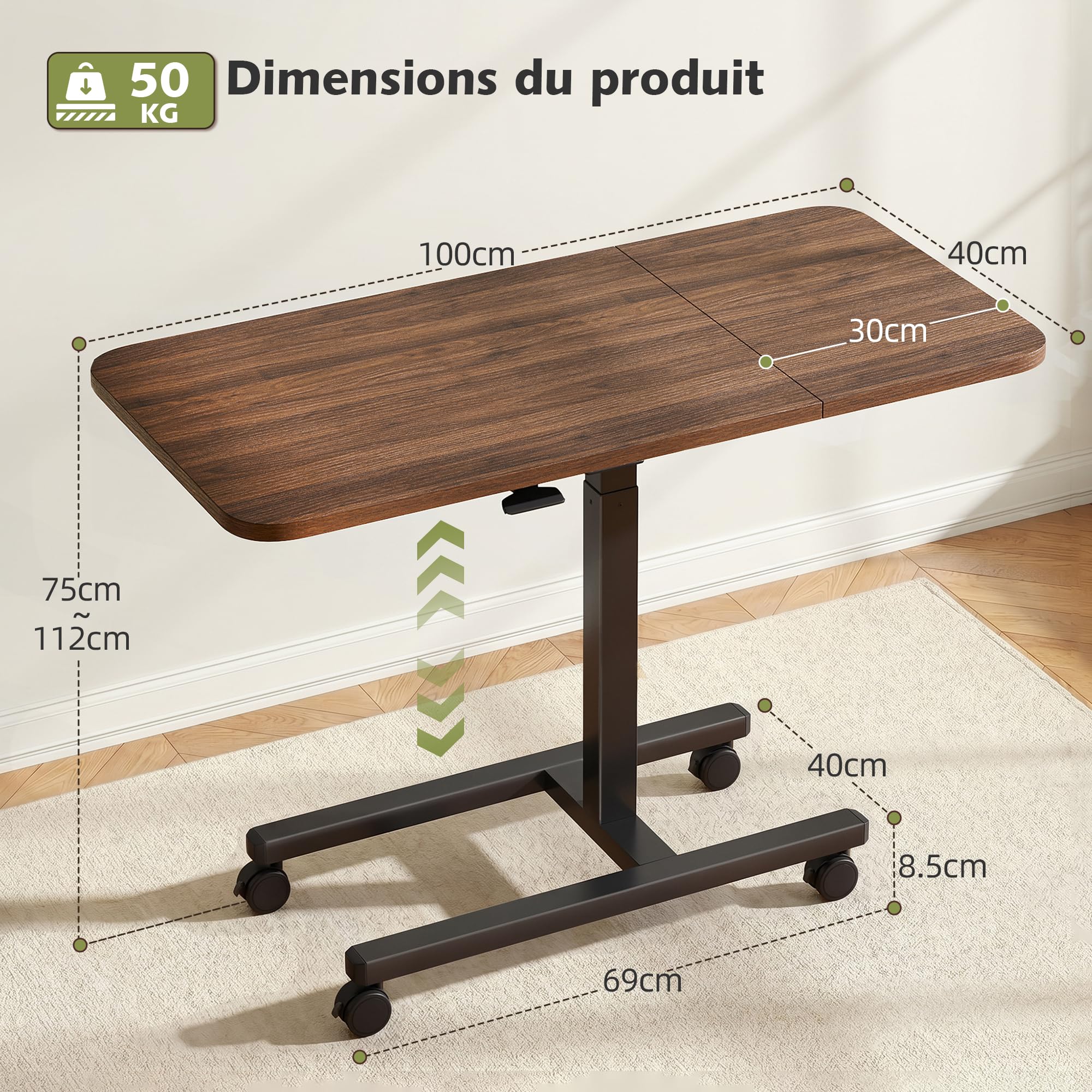 Table Lit Réglable Hauteur, Grande Surface 100cm, avec roulettes Freins, Vérin Pneumatique, Table d'Ordinateur, Bureau Forme C Robuste, Table Canapé Mobile pour Salon, Office,Couleur Noyer