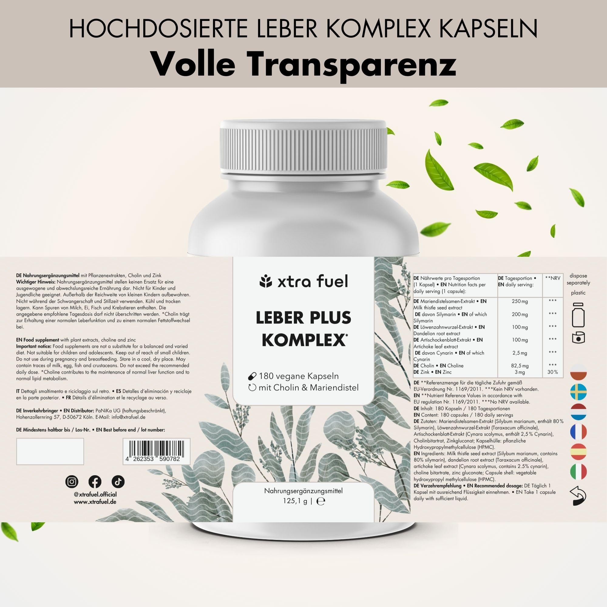 Leber Komplex - 180 Kapseln hochdosiert - mit Mariendistel (80% Silymarin), Artischocke, Löwenzahn & Cholin für die normale Funktion der Leber - laborgeprüft, vegan & zertifiziert