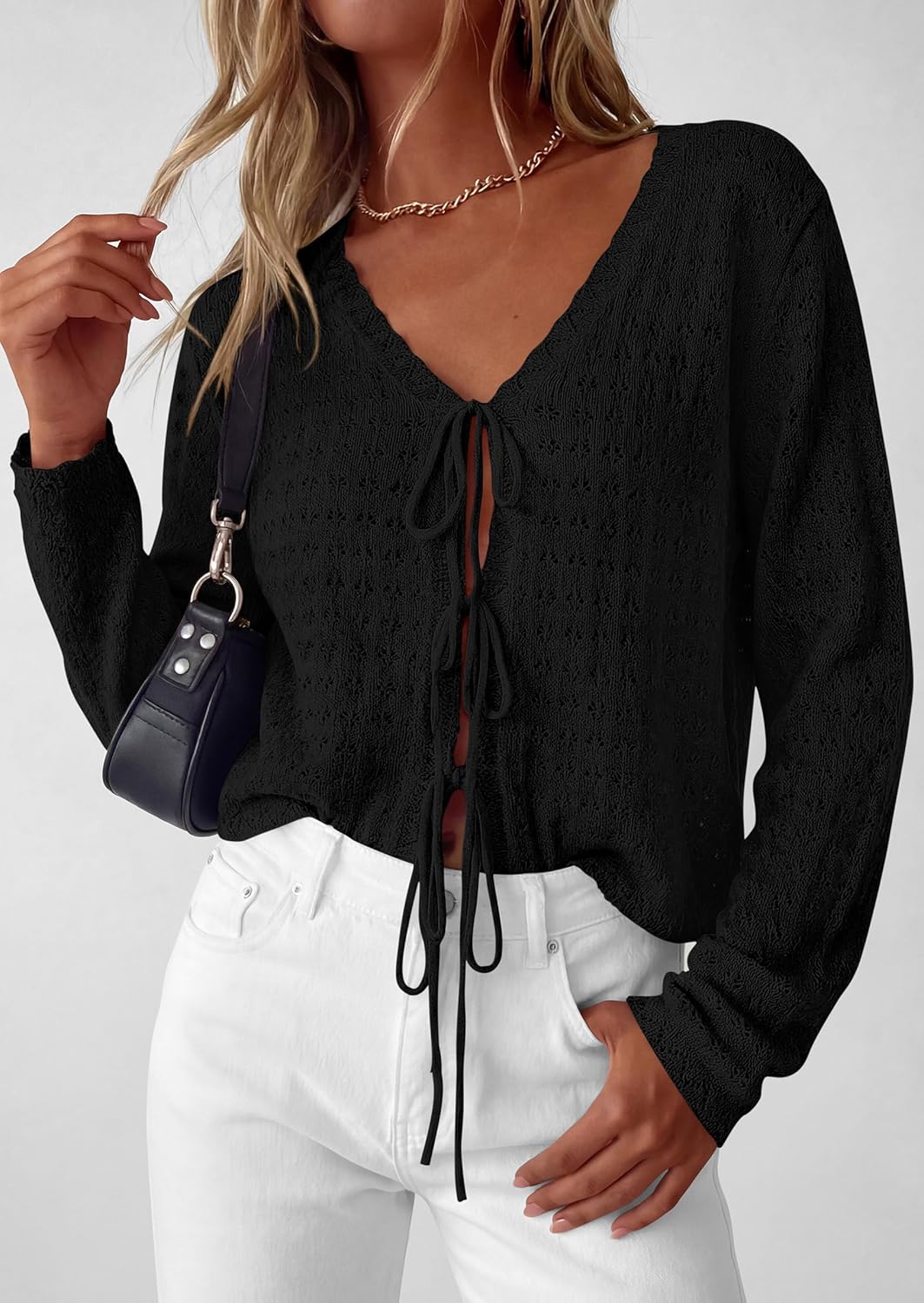 PRETTYGARDEN Crochet Cardigan Sweaters for Women Trendy Spring Summer Long Sleeve Tie Front Tops Boho Beach Vacation Clothes - Image 4