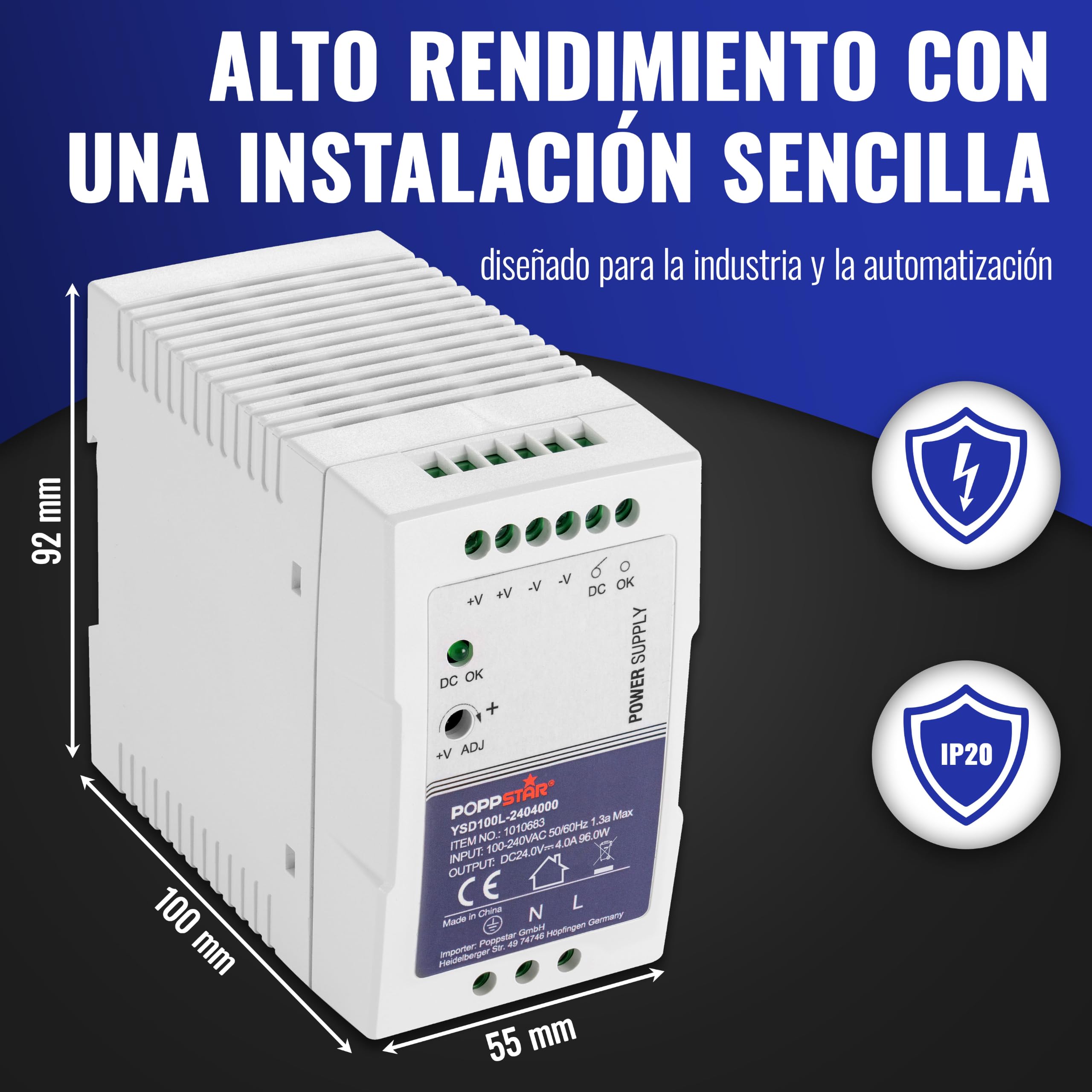 Poppstar Fuente de alimentación Ultra-Slim 24 V para carril DIN (24 V CC 4 A 96 W) Transformador para carril DIN 55x100x92mm