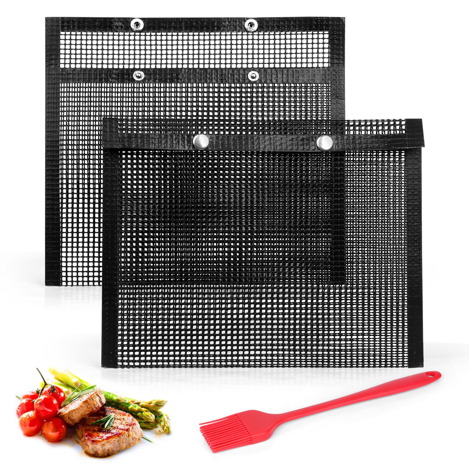 XSUPER2 Pack BBQ Mesh Grill Bags, 12 x 9.5 Inch Grill Bags for Outdoor Grill, Non-Stick Barbecue Bags for Charcoal Gas Electric Gills & Smokers, Reusable and Easy to Clean (Basting Brush Included)