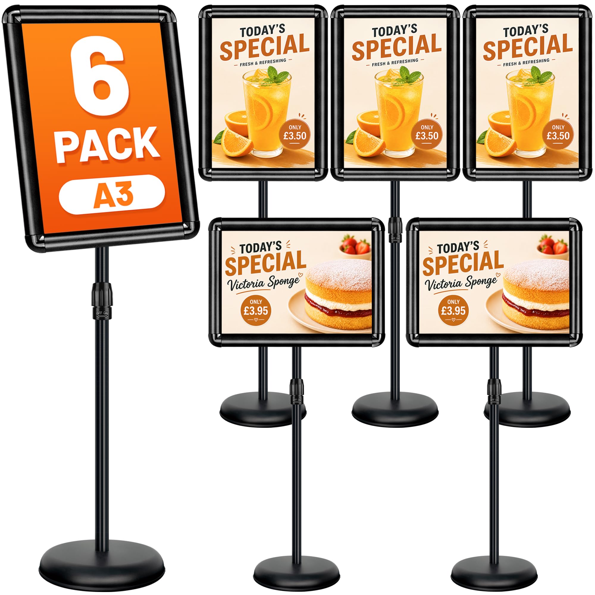 A3 Stand 6Pcs Sign Stand for Display Poster, Adjustable Floor Sign Holder, Aluminium Snap Frame with Safety Corner, Business Advertising, Wedding Welcome, Restaurant Menu, School Notice Display, Black
