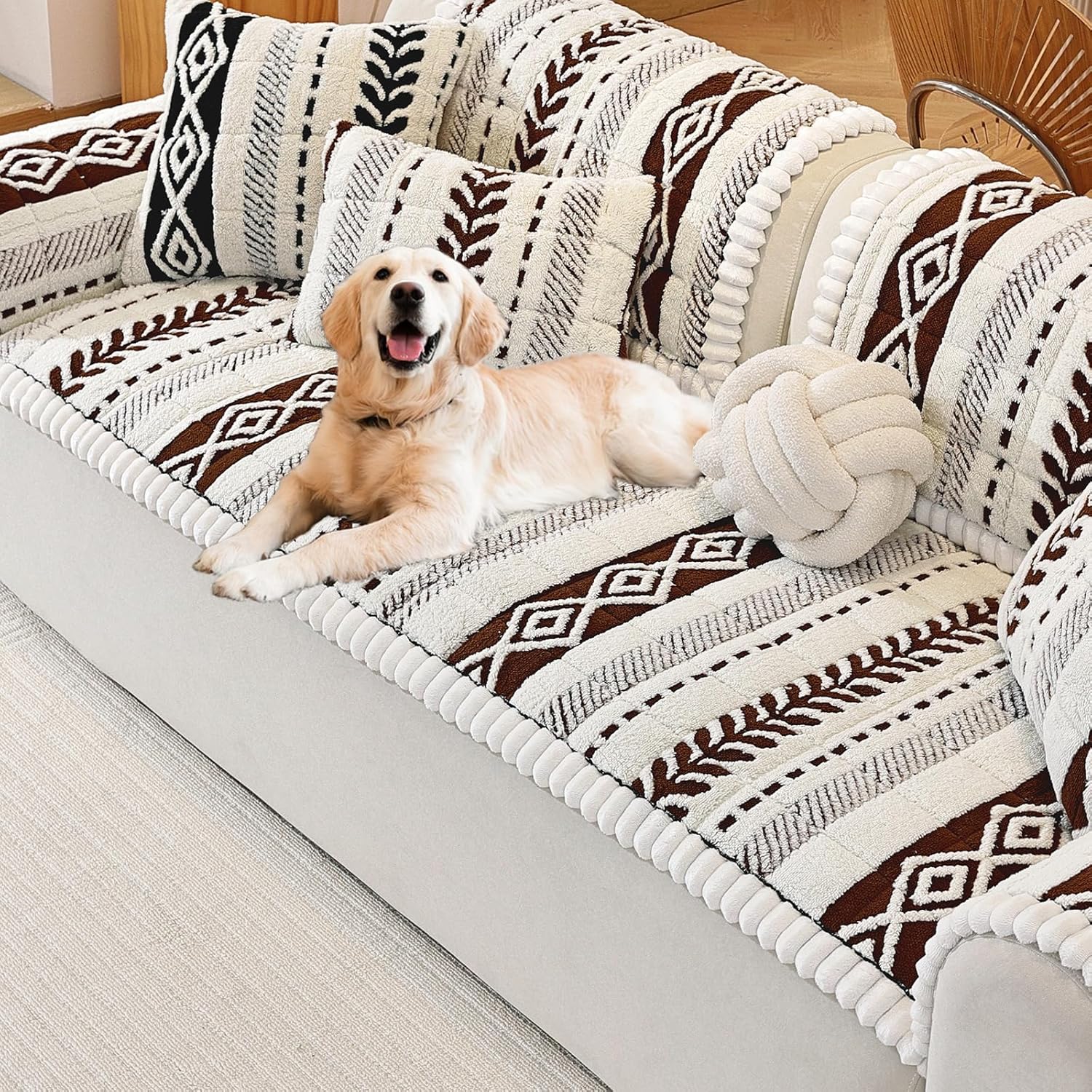 Couch Cover for Dogs, Washable Non-Slip Boho Geometric Pet Sofa Protector, Soft Sofa Slipcovers Cushion Protector for Dogs and Cats. (Coffee, 27.6" x 82.7" x 1.5")