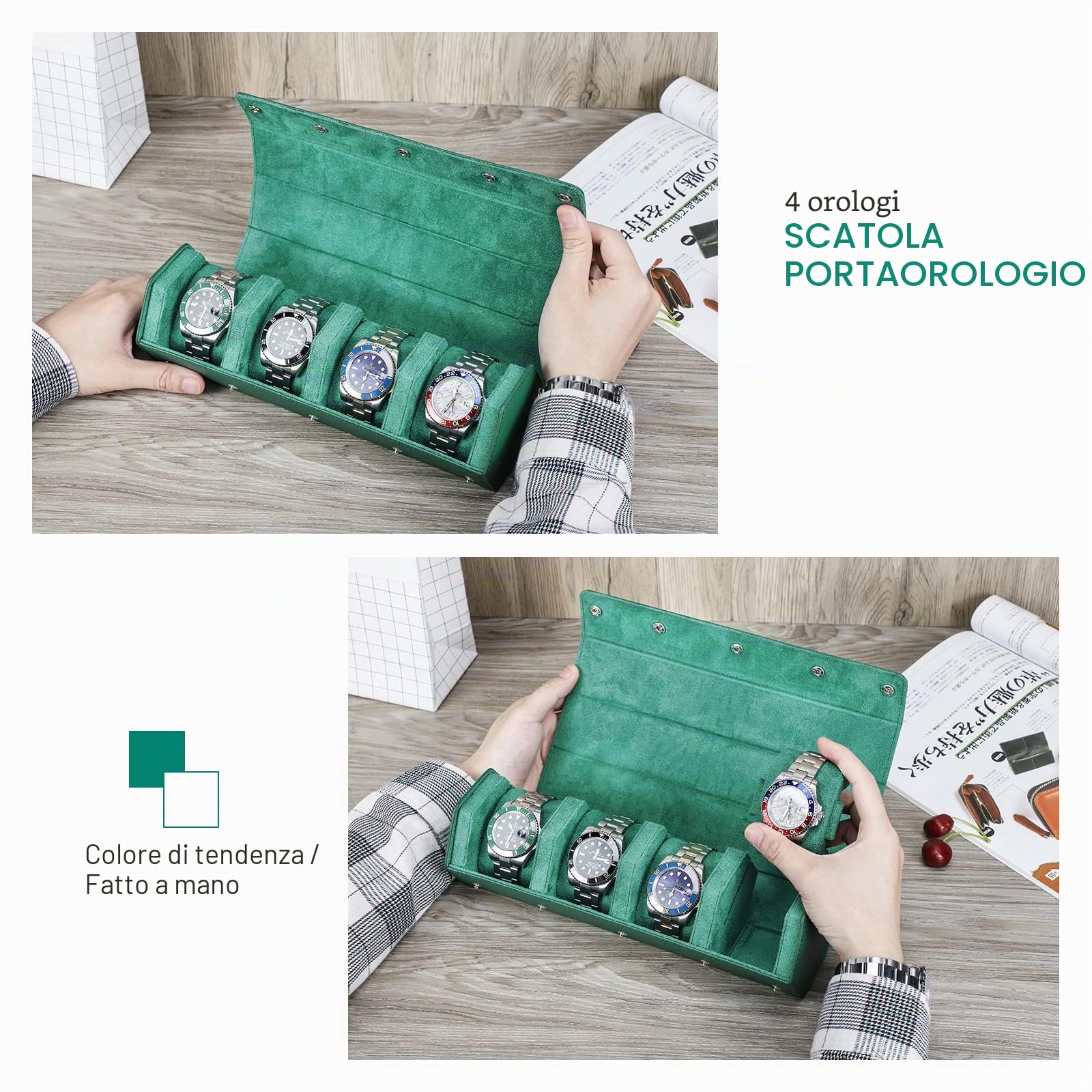 Hiram Hexagon Watch Roll Case in vera pelle esagonale per 4 orologi, custodia da viaggio per orologi da polso