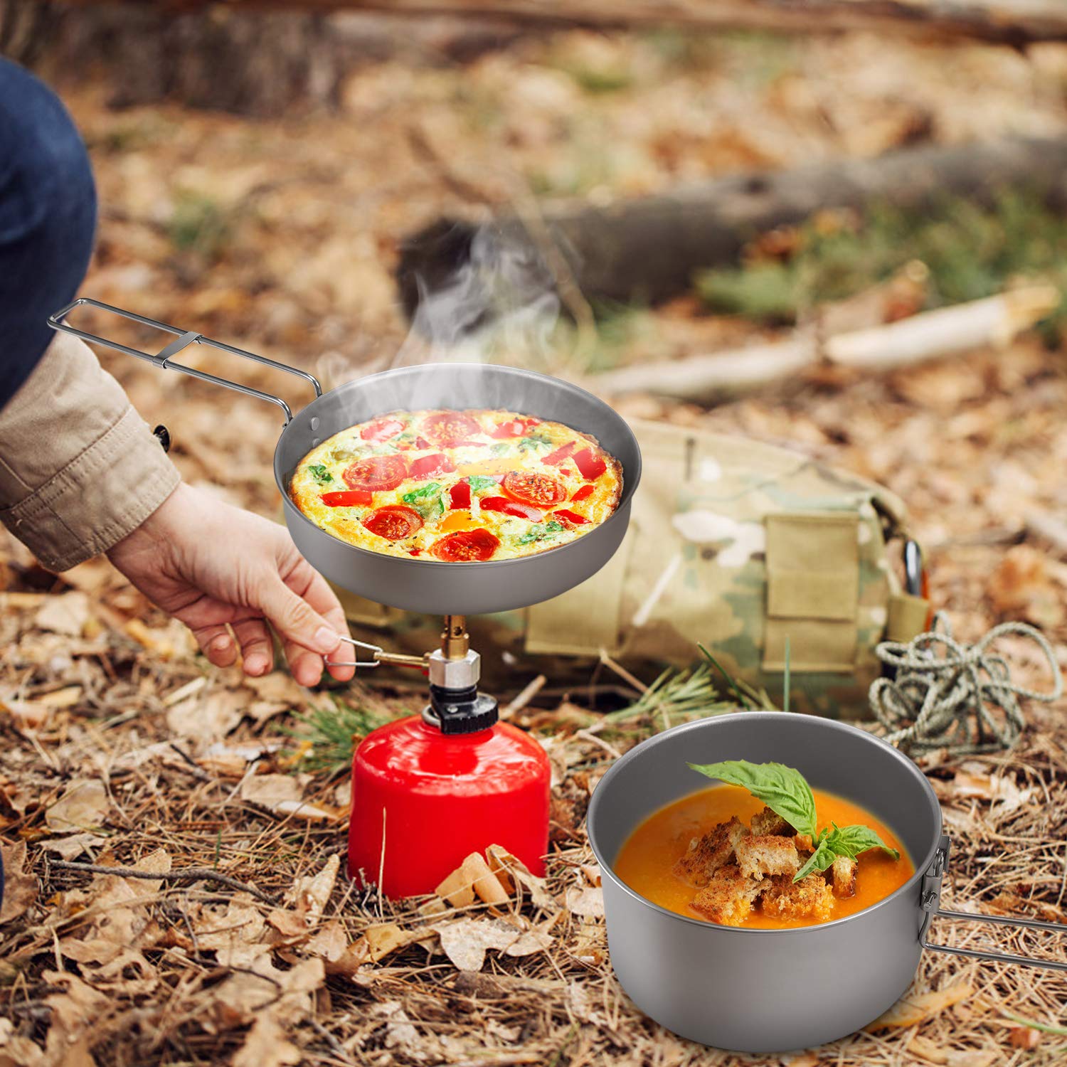 Camping-Kochgeschirr-Set, Topf- und Bratpfannen-Set aus Titan mit Deckel und Klappbaren Griffen für Outdoor-Camping, Wandern, Rucksackreisen, Picknick, Metallisch oder Blättert Gesund, Lang