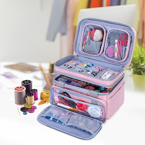 Miniatura 26 de BAFASO Organizador de accesorios de costura de doble capa con 2 bolsas desmontables, bolsa de almacenamiento grande para herramientas de costura Gris