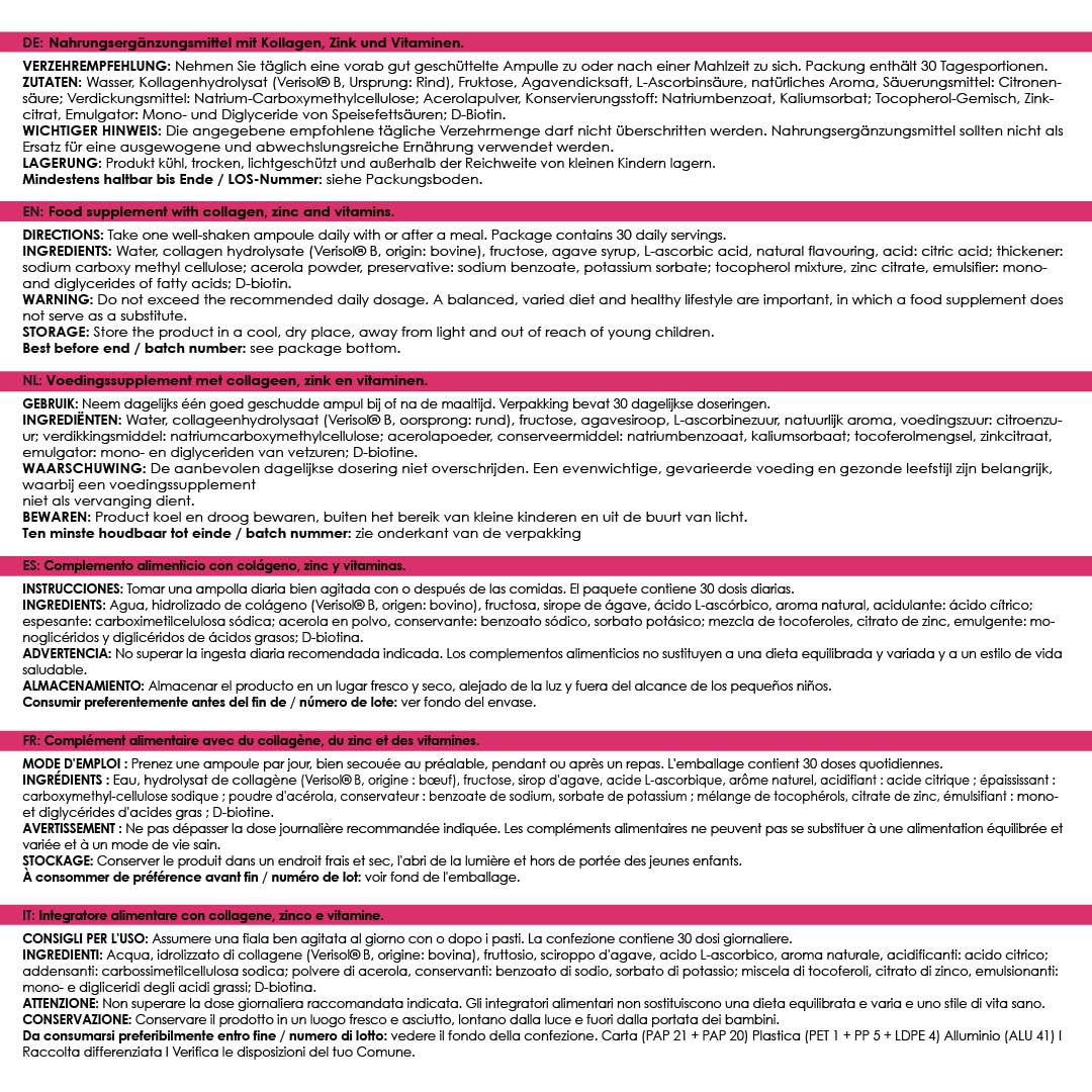 LINEAVI Kollagen Liquid, Trink-Kollagen, mit Kollagen-Peptiden, Acerola, Zink, Vitamin C, Vitamin E, Biotin, unterstützt Haut, Haare und Nägel, in Deutschland hergestellt, 2x30 Trinkampullen