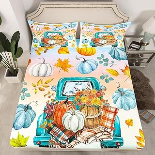 Erosebridal Pumpkin Car Fitted Sheet Pumpkin Flowers Bedding Set, Kids Thanksgiving Gifts Bed Sheets for Boys Girls Little Pumpkin Sheets Fall Home Decor, Twin