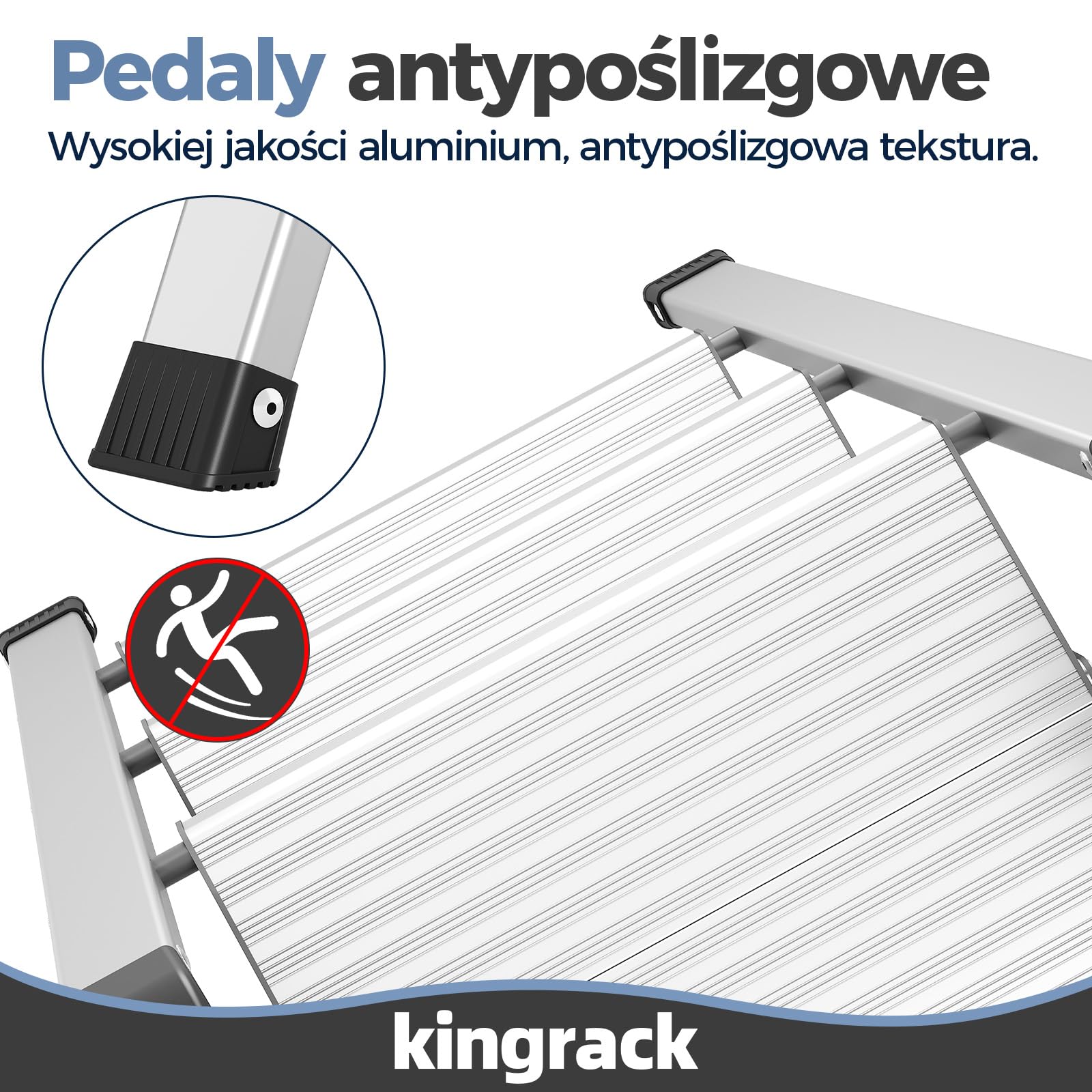 KINGRACK Aluminiowa drabina składana 3-stopniowa, antypoślizgowa poręcz, do 150 kg, srebrna