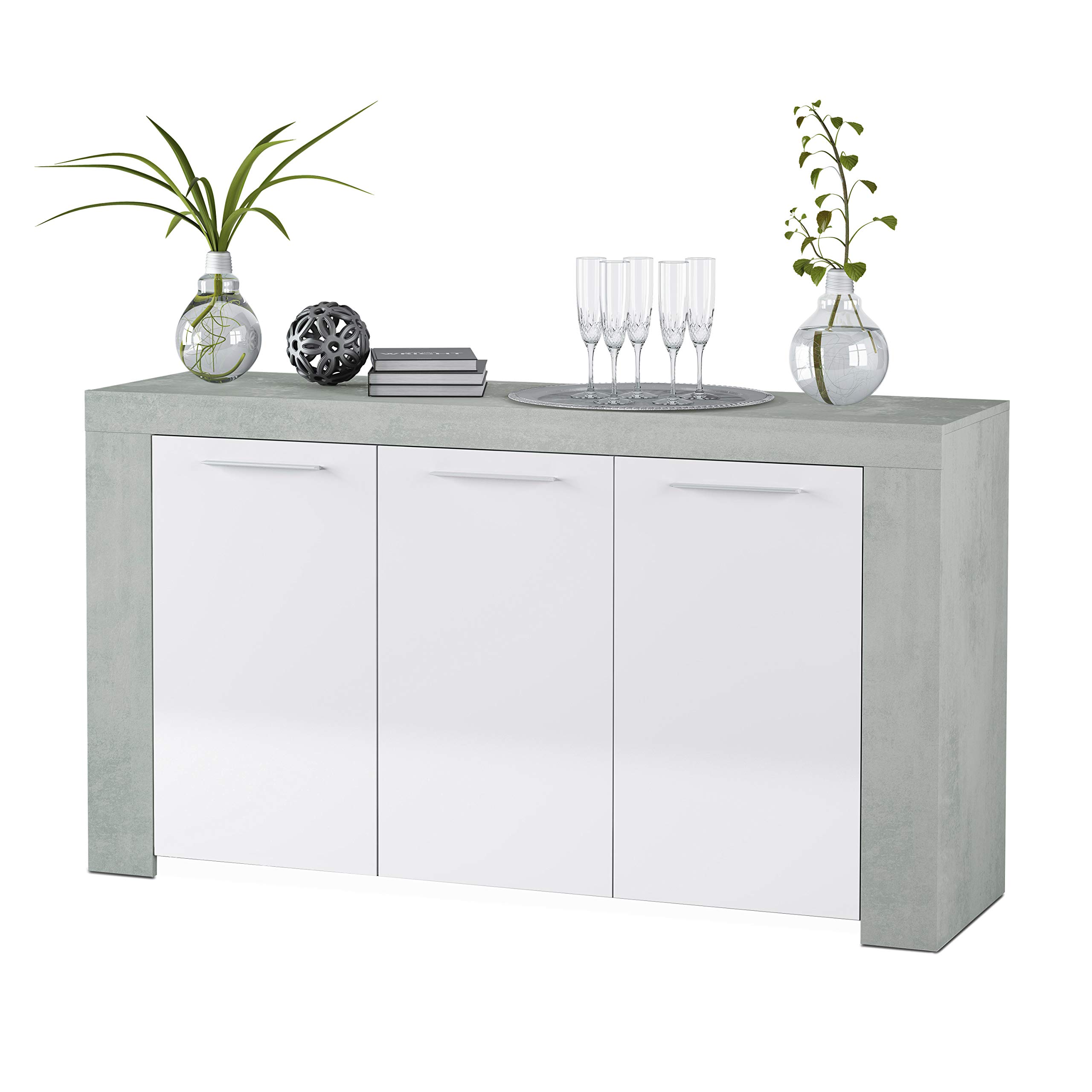 Habitdesign, Aparador, Buffet Moderno, Armario Auxiliar Comedor, Modelo Ambit, Color Blanco Artik y Gris Cemento, Medidas: 144 cm (Largo) x 42 cm (Fondo) x 80 cm (Alto)