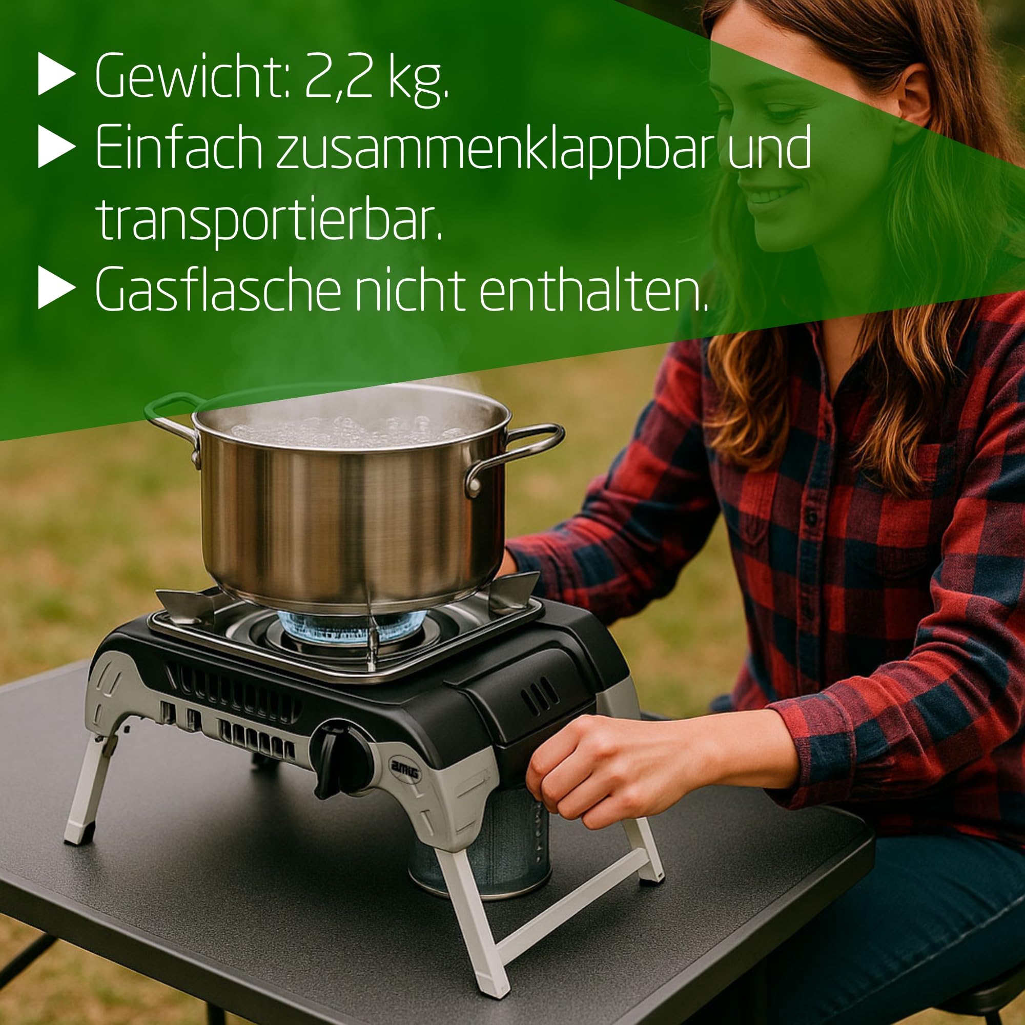 Amig – Camping Gas Möunt - Tragbarer Gaskocher für den Außenbereich – mit Edelstahlhalterung und Flammenregler – 2,4 kW Leistung – Für Ausflüge und Camping
