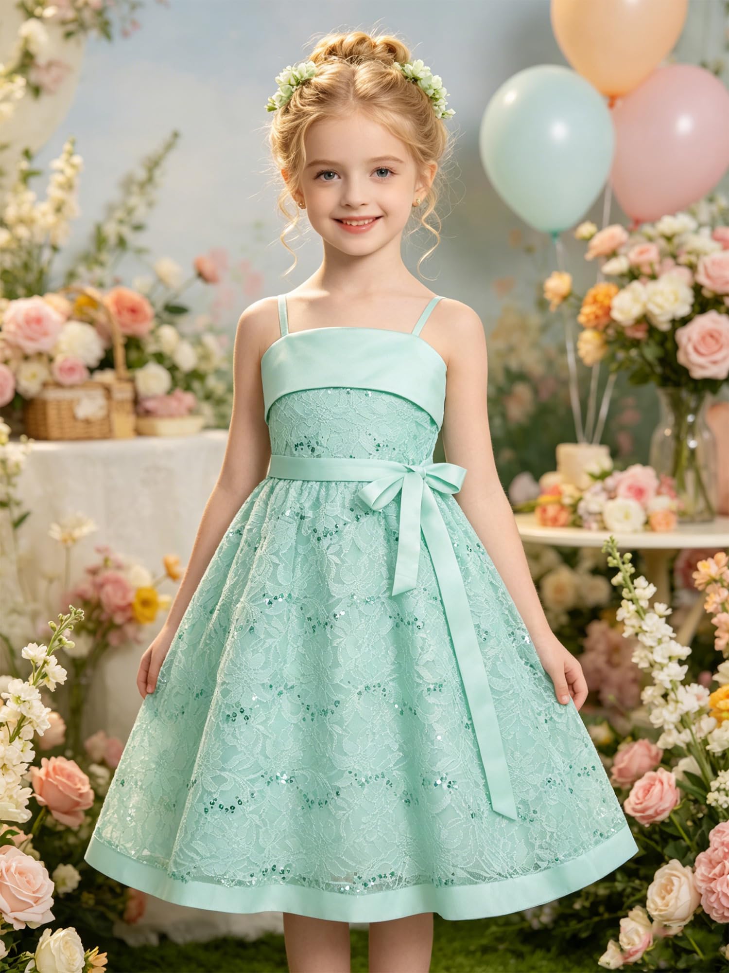 Bambini Vestito Forma A da Festa di Compleanno per Ragazze Sposa | Grande Fiocco Laterale,Spaghetti Straps,Collo Quadrato,Festa Sera,Cocktail,Prima Comunione,Damigella D’Onore,Celebrazione
