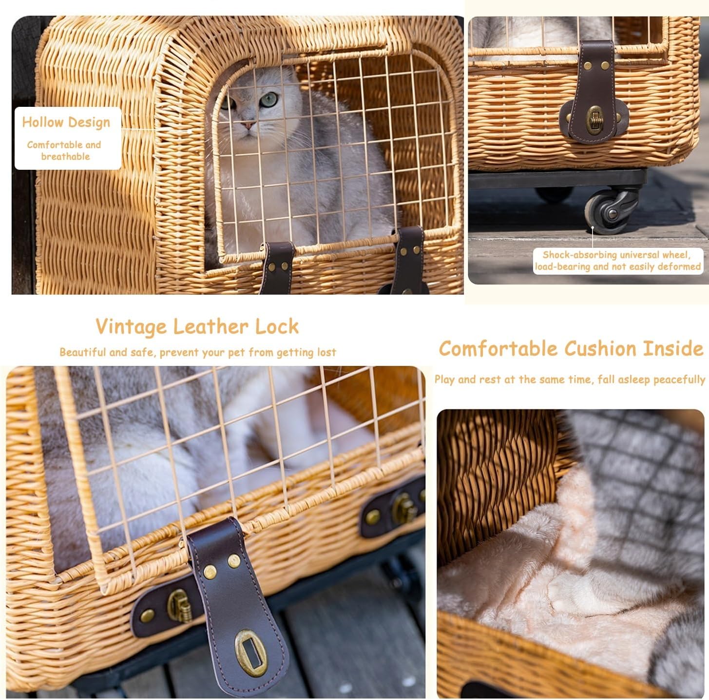 Outdoor Breathable Pet Trolley Case, Portable Rattan Anti Stress Pet Travel Trolley Case, Rolling Pet Carrier Backpack with Leather H andle for Cats Dogs Small Pets