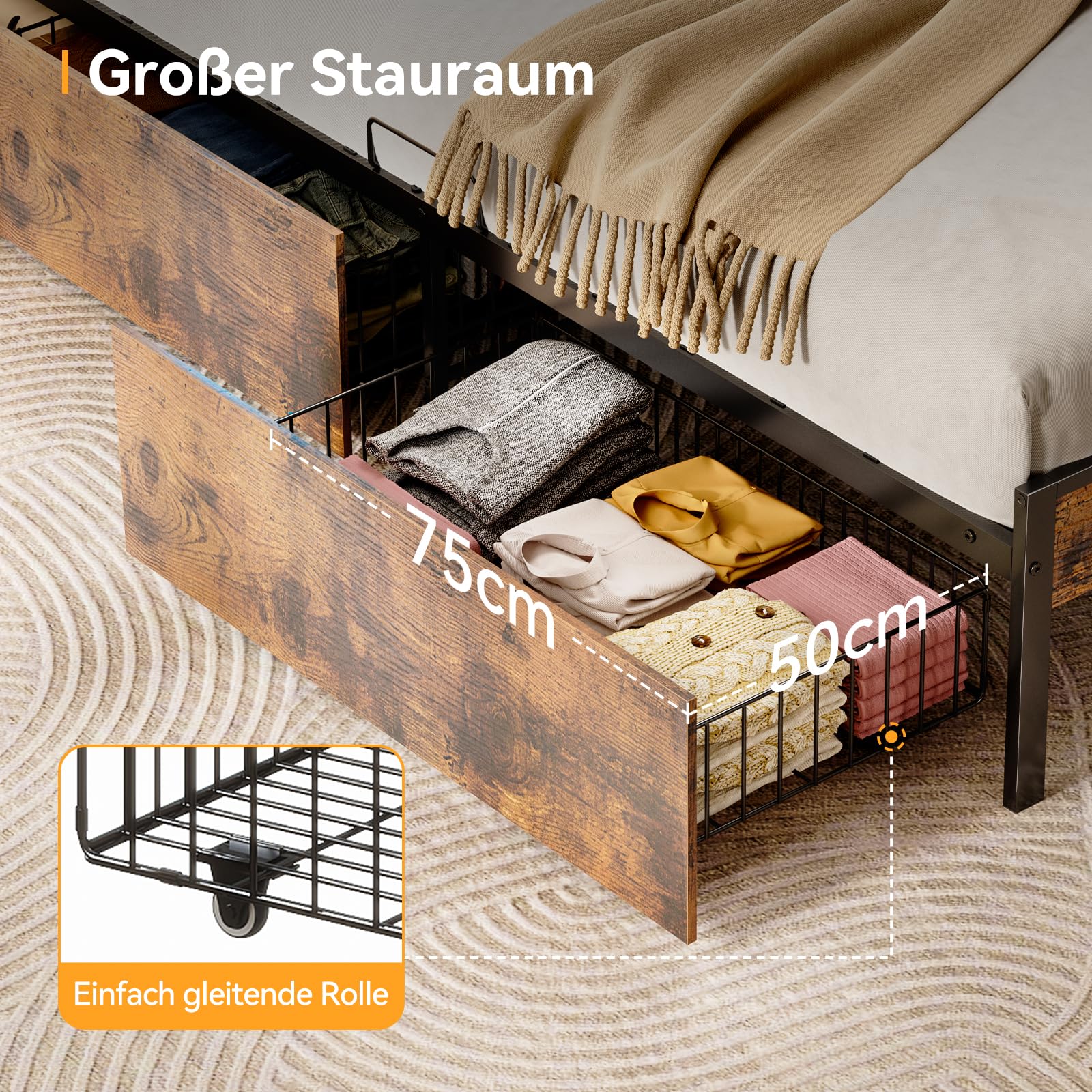ODK Bett 140x200, Bettgestell mit 2 Schubladen, Betten 140x200 mit Stauraum, Kopfteil mit LED Beleuchtung & (Steckdose/USB), Metall Doppelbett