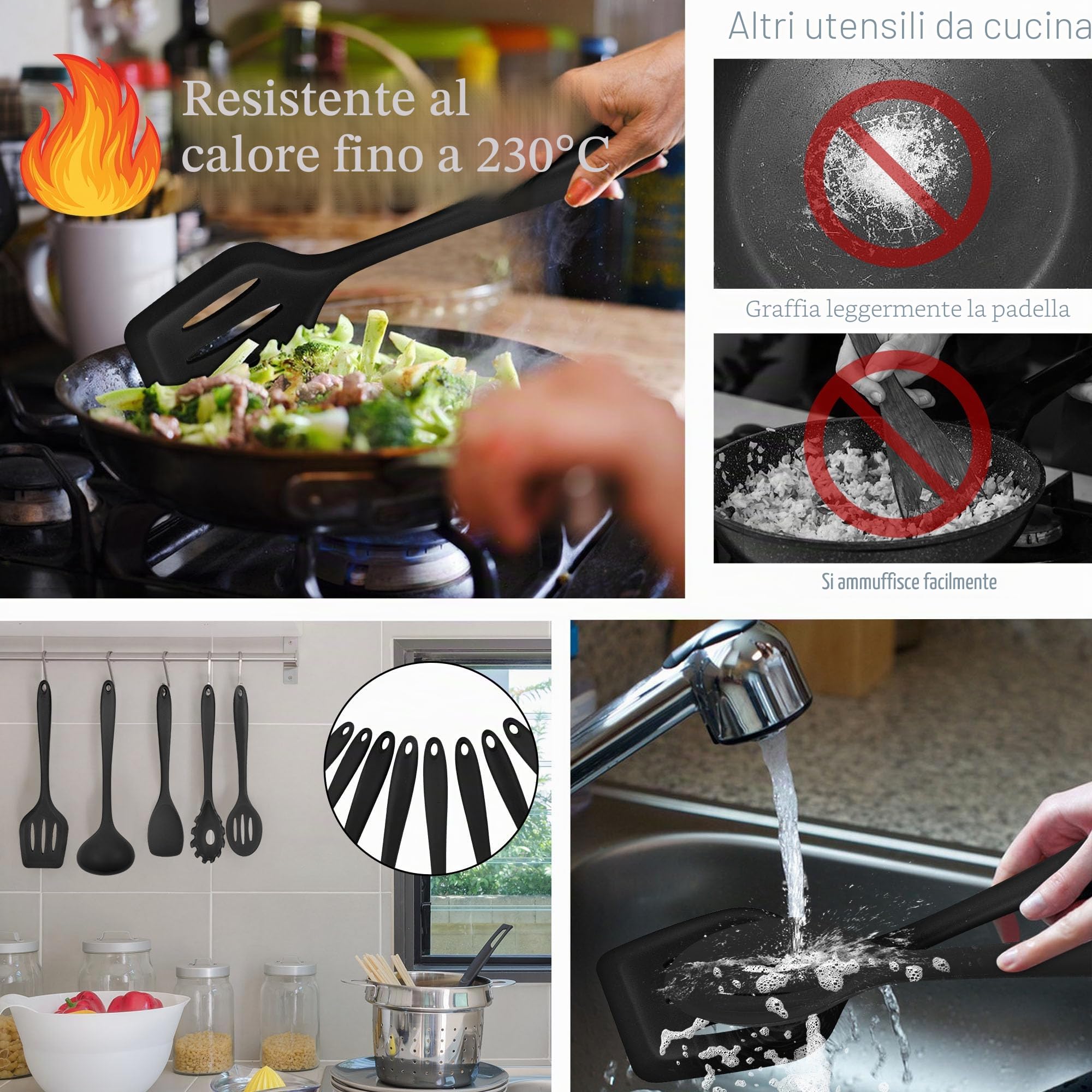 HaWare Set utensile da cucina, 21 pezzi in silicone, antiaderente, pentole con porta utensile, lavabile in lavastoviglie, colore nero