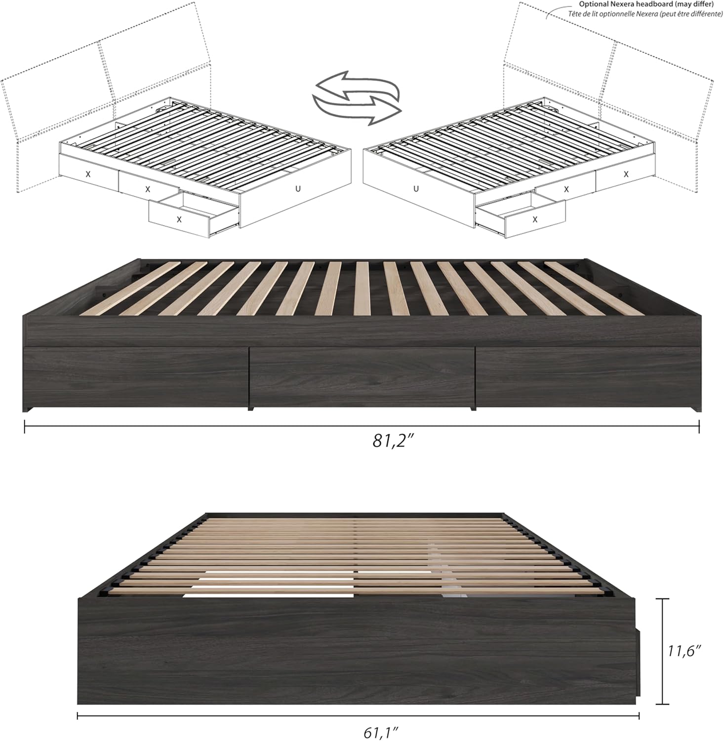 Nexera Grey Queen Size Storage Platform Bed, 3-Drawer, Bark