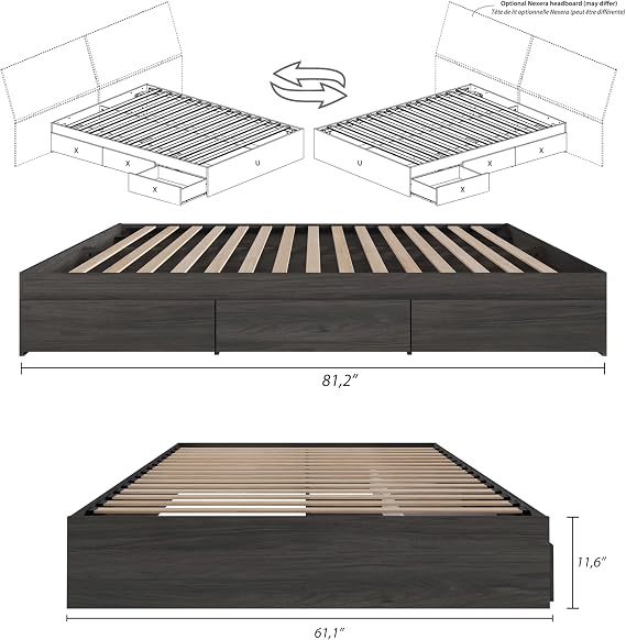 Nexera Grey Queen Size Storage Platform Bed, 3-Drawer, Bark