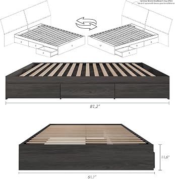 Nexera Grey Queen Size Storage Platform Bed, 3-Drawer, Bark