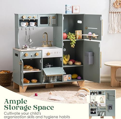 Miniatura 3 de ROBUD Cocina de juego de madera para niños pequeños, cocina de madera de esquina con refrigerador, máquina de hielo, cafetera, exprimidor, horno,