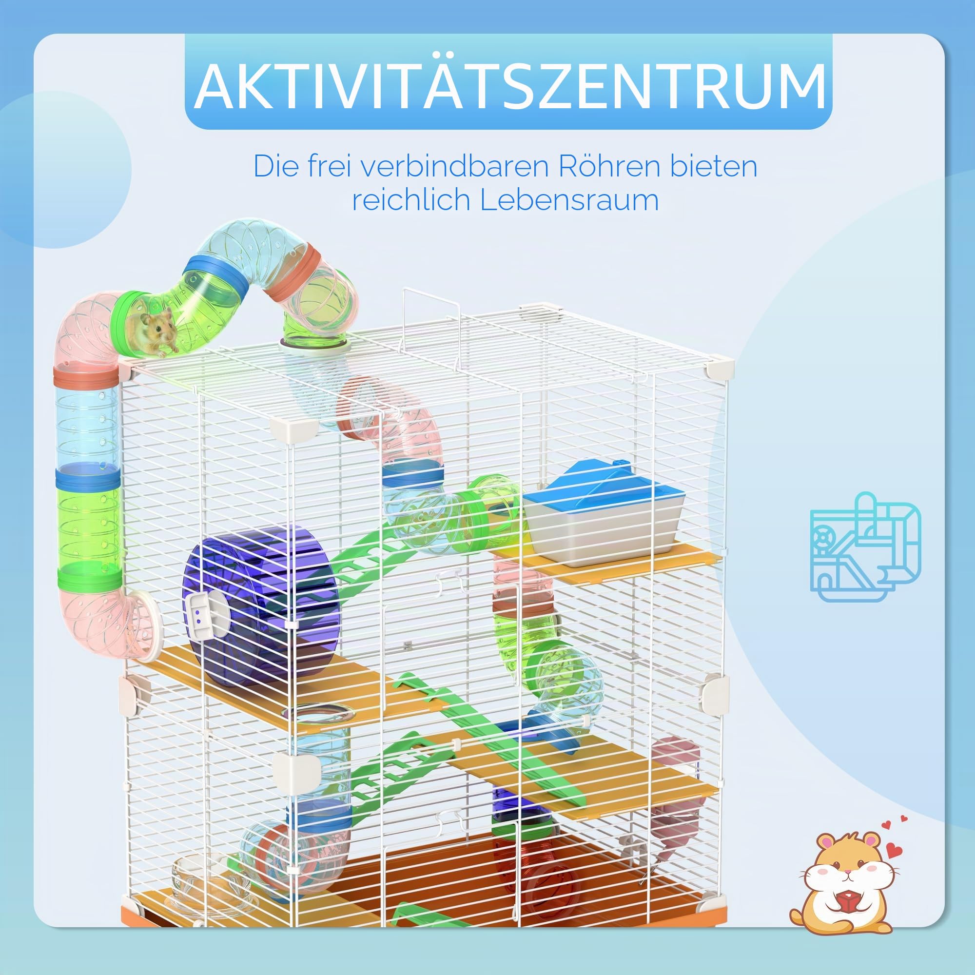 PawHut Käfig für Hamster, Nagetiere, 4 Etagen, mit Tunneln, Futternapf, Laufrad, Haus, Leitern, Maße: 46L x 30B x 58H cm, Orange