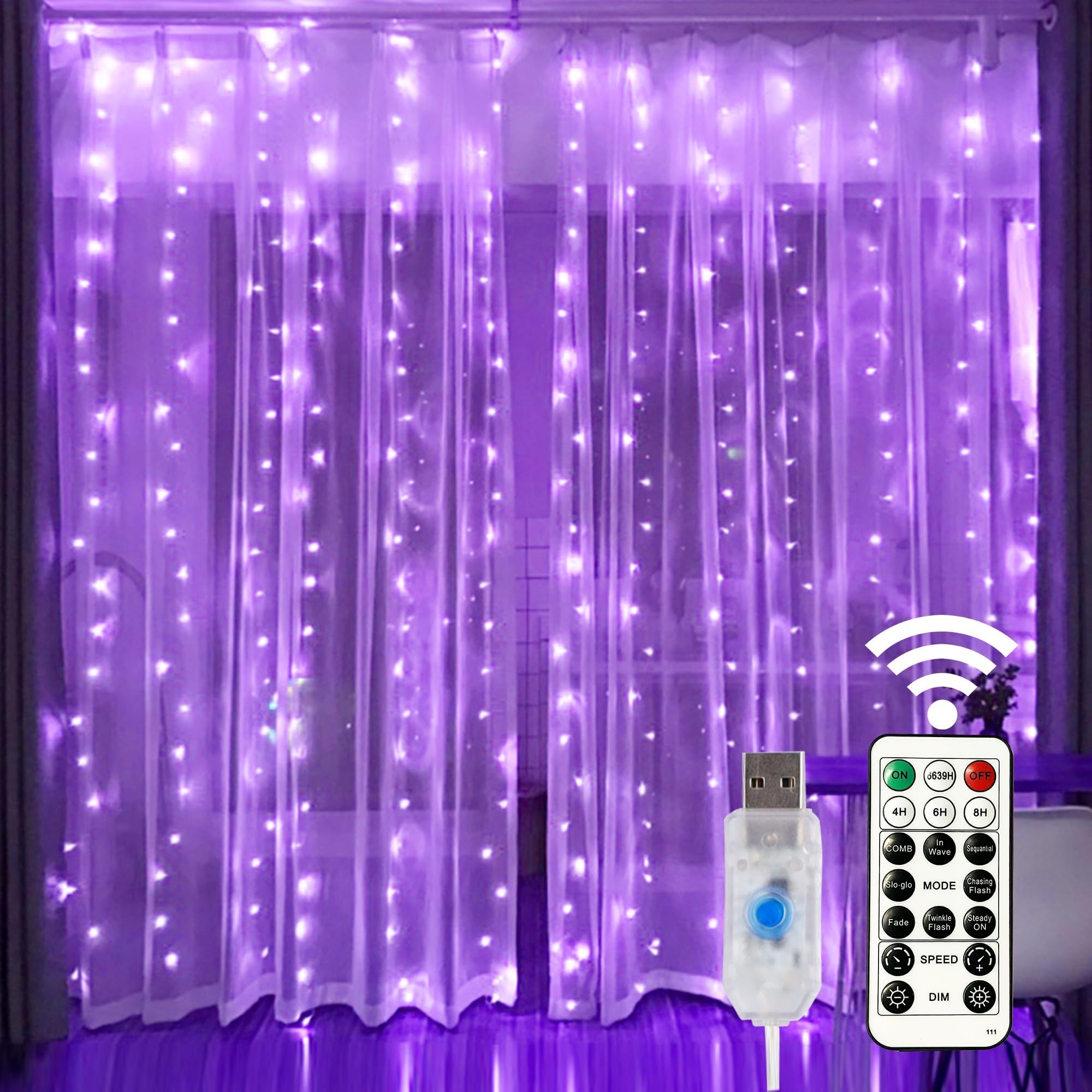 HOME LIGHTING Window Curtain String Lights, 300 LED 8 Lighting Modes Fairy Copper Light with Remote, USB Powered for Halloween Christmas Bedroom Party Wedding Home Garden Wall Decorations, Purple