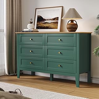 6 Drawers Green Dresser for Bedroom, 47" Wide Wood Modern Chest of Drawers, Shaker Style, Modular Dresser TV Stand for Bedroom, Living Room, Hallway (Green)
