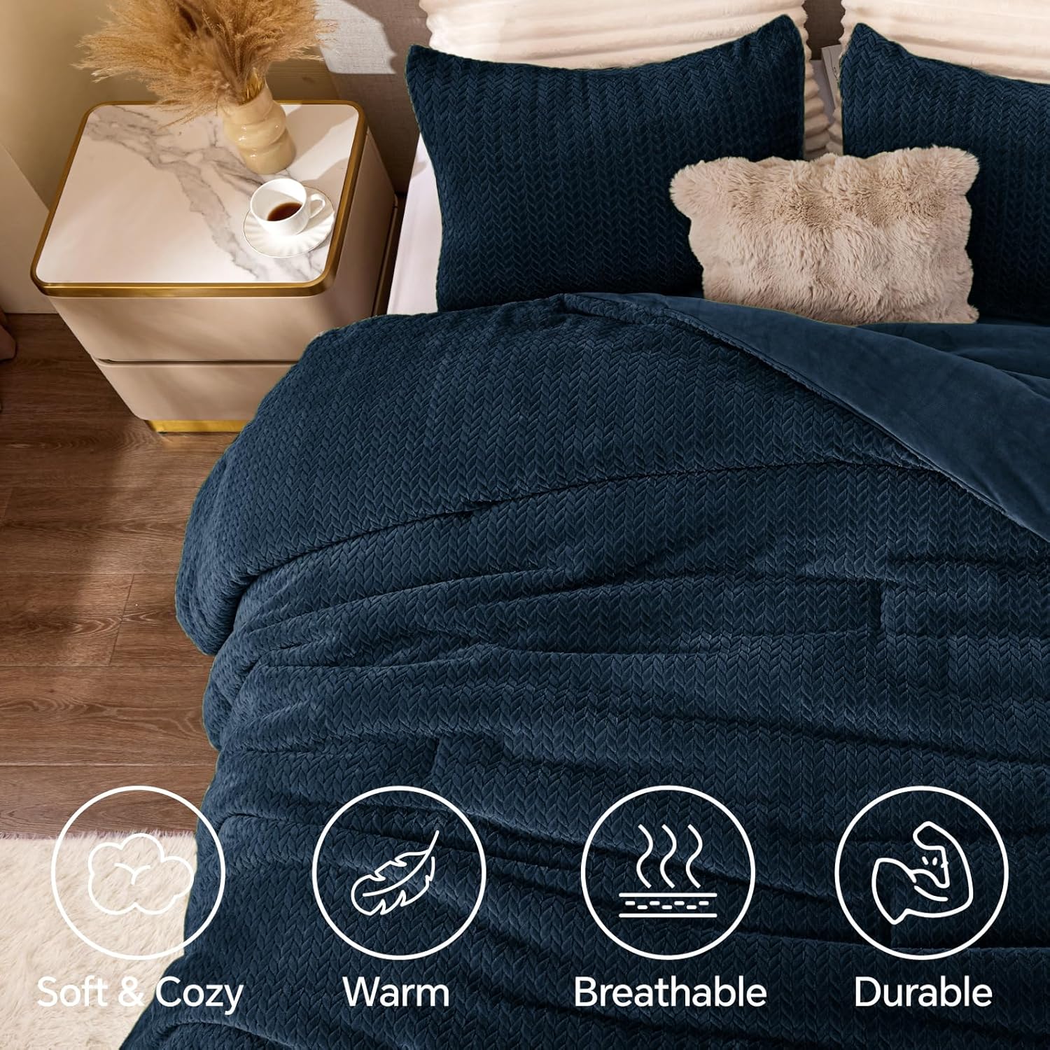 Flannel Fleece Queen Comforter Set - Furry Navy Blue Leaves Pattern Faux Fur Bed Set, Winter Ultra Soft Fuzzy Comfort Set, Velvet Bedding Set for Bed with 2 Pillow Cases - Image 3