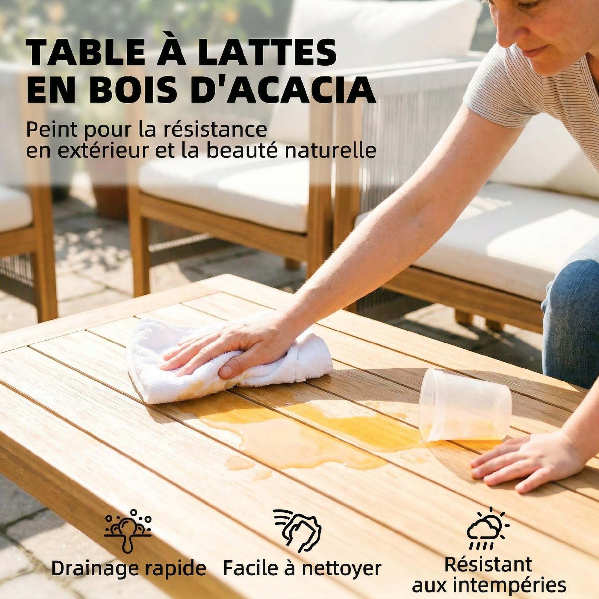 Outsunny Salon de Jardin 4 Pièces en Bois d'Acacia - Ensemble de Mobilier avec Coussins Déhoussables et Corde Tressée - Canapé 2 Places, 2 Fauteuils et Table Basse, Style Bohème Chic, Naturel
