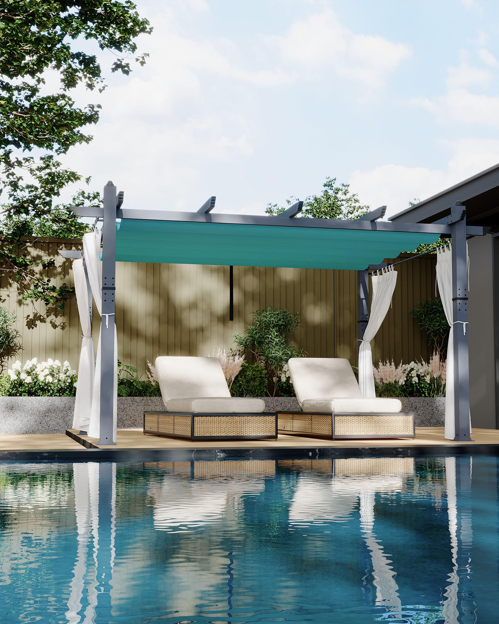 KYBOLT 10x13 Ft Outdoor Pergola with retractable blue canopy and side mesh screens on a wooden deck with outdoor furniture and a golden retriever.