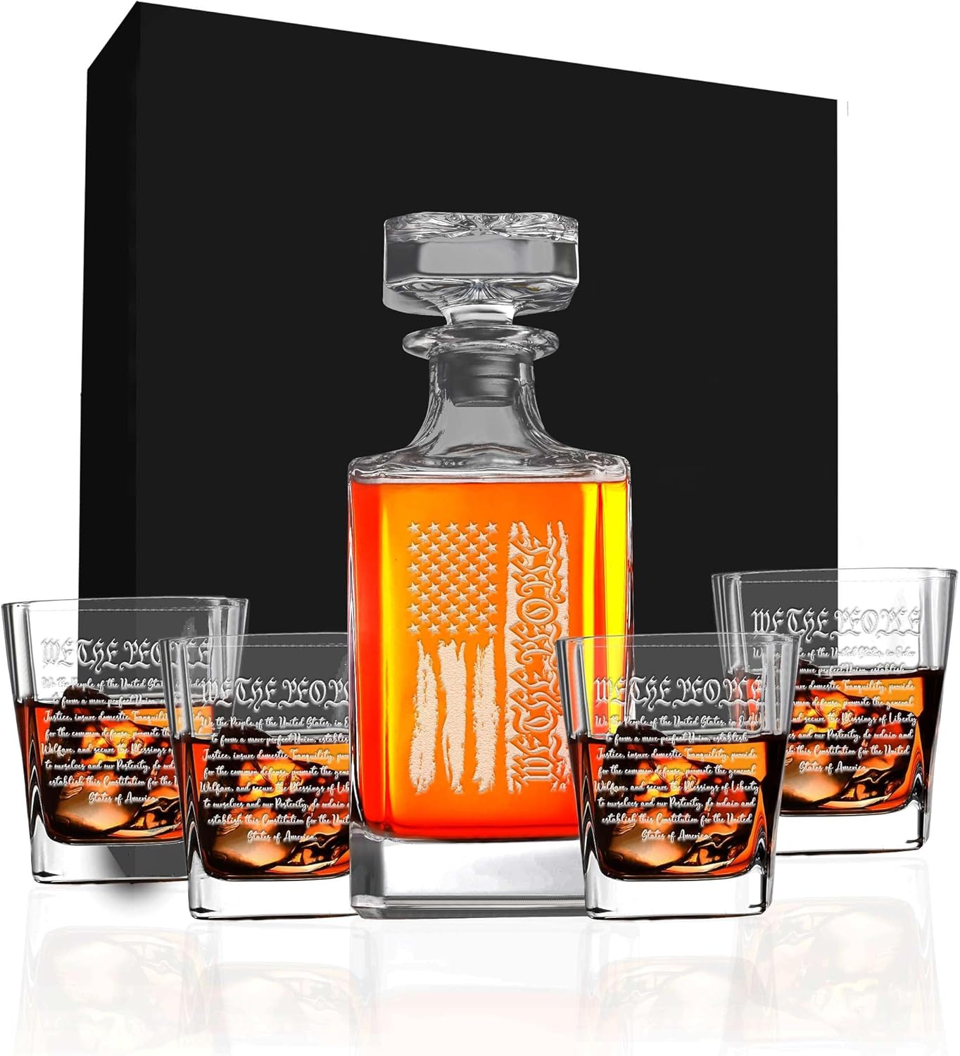 We The People American Flag Engraved Whiskey Decanter Set with 4 Glasses Liquor Patriotic Scotch Bourbon Drinking Gift Set for Men, Him