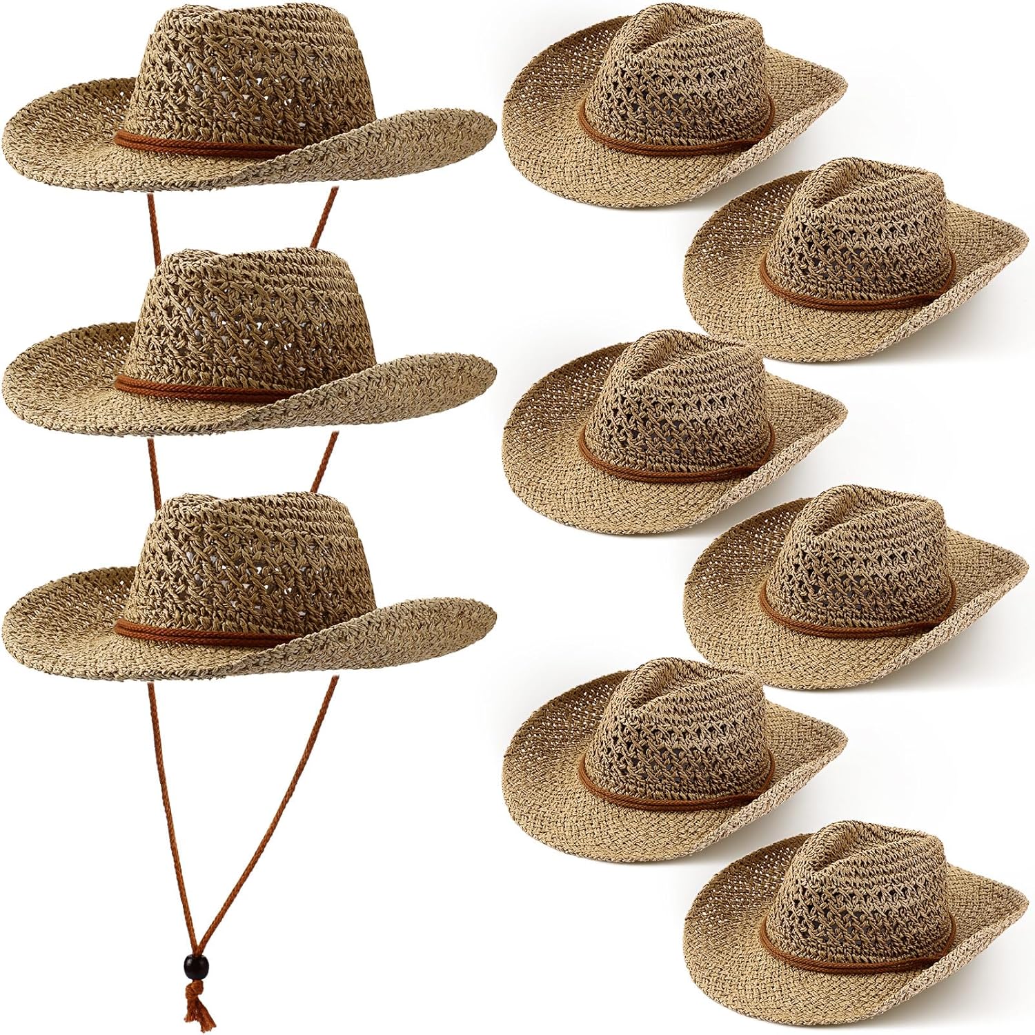Newcotte 9 Pack Straw Cowboy Hats for Women Western Cowgirl Beach Sun Hat Bulk with Windproof Rope for Party Travel