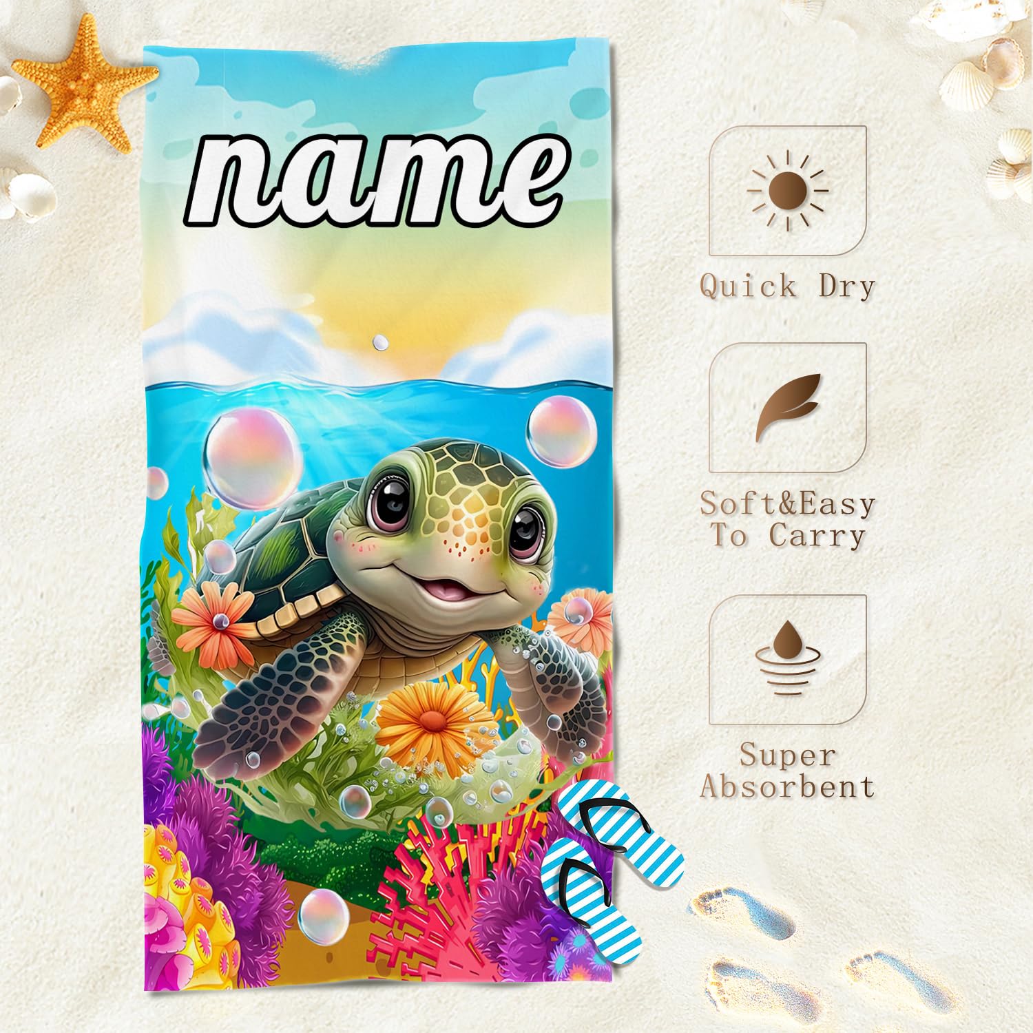 1 pièce Serviette de plage personnalisée à thème océanique et tortue