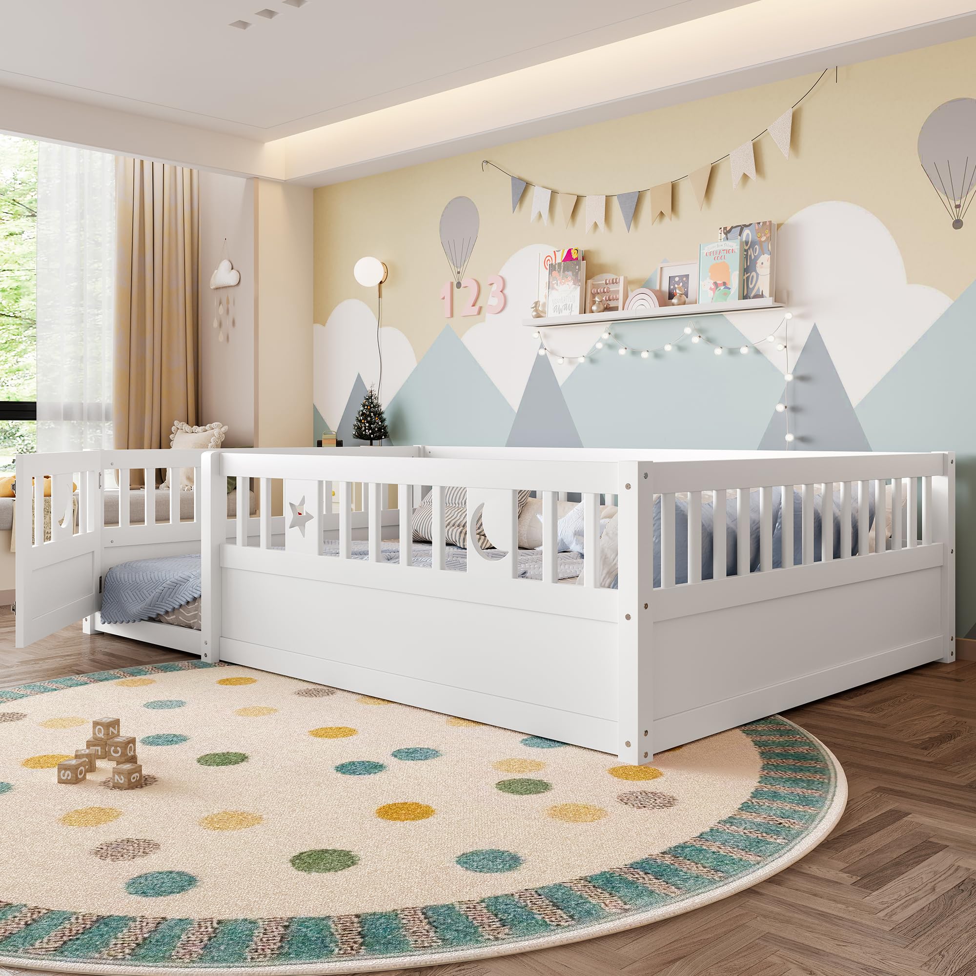 Letto per Bambini 140 x 190 con Ringhiera, Montessori Letto a Terra Bambino con Rete a Doghe, decorazione a Stella e Luna, Struttura letto in Legno di pino(Senza Materasso)