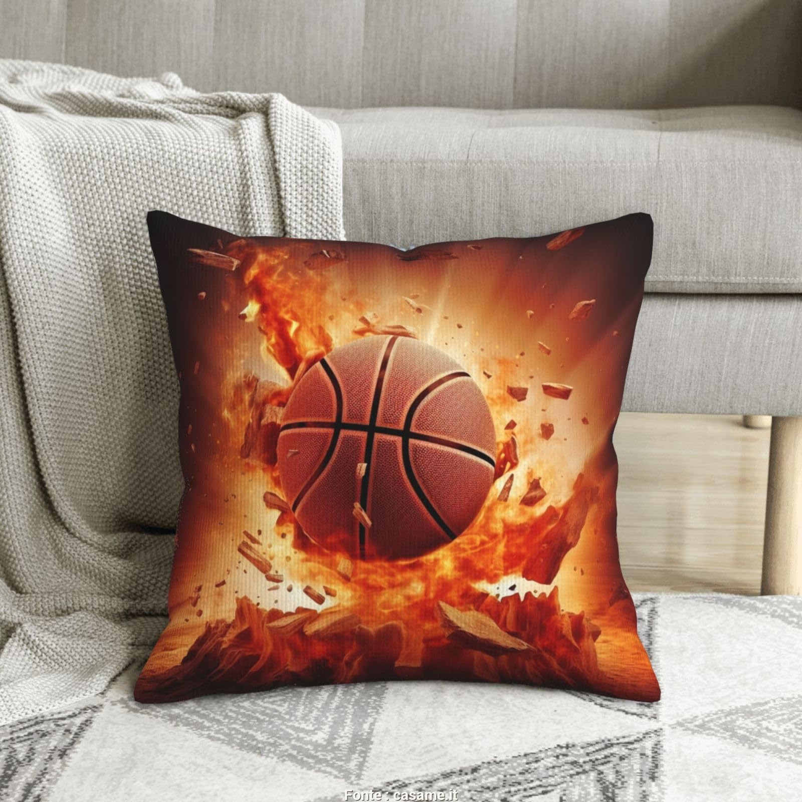 Housse de coussin basket-ball 40x40 cm en velours côtelé marron