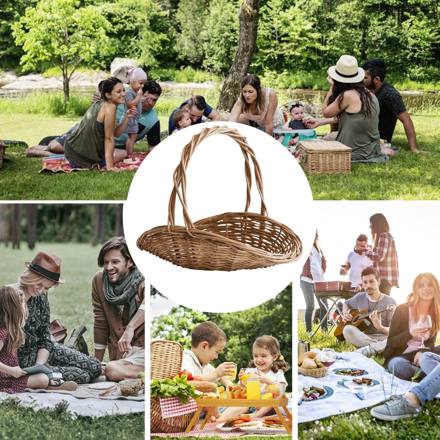 Cestino da picnic in rattan intrecciato con manico, cestino in vimini naturale per frutta, verdura, fiori, portaoggetti portatile per giardino, riunioni all'aperto, decorazione per la casa